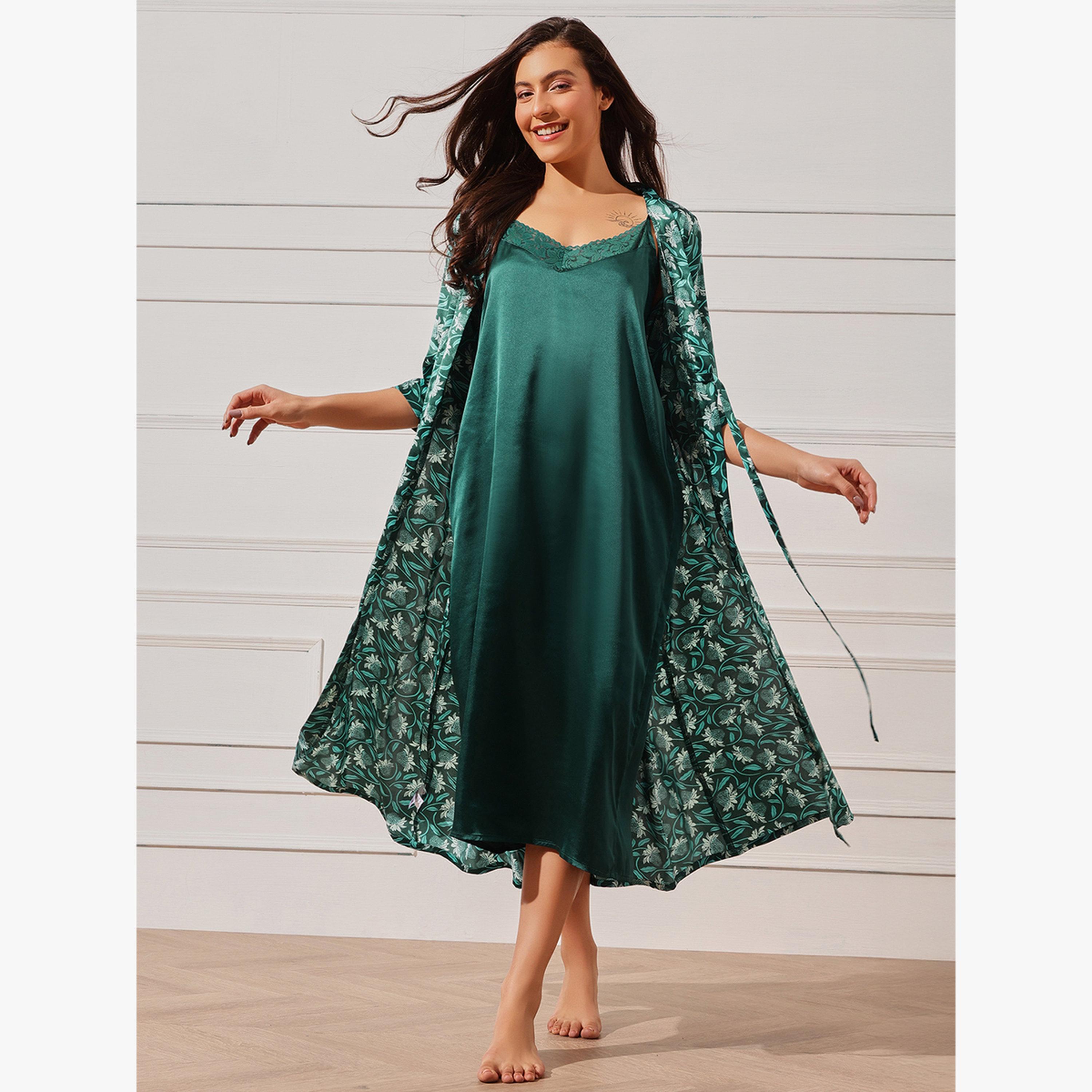 Clovia Pack of 2 - Solid Satin Slip Dress and Floral Robe Set-women-clothing-nightwear-nighties-image-1