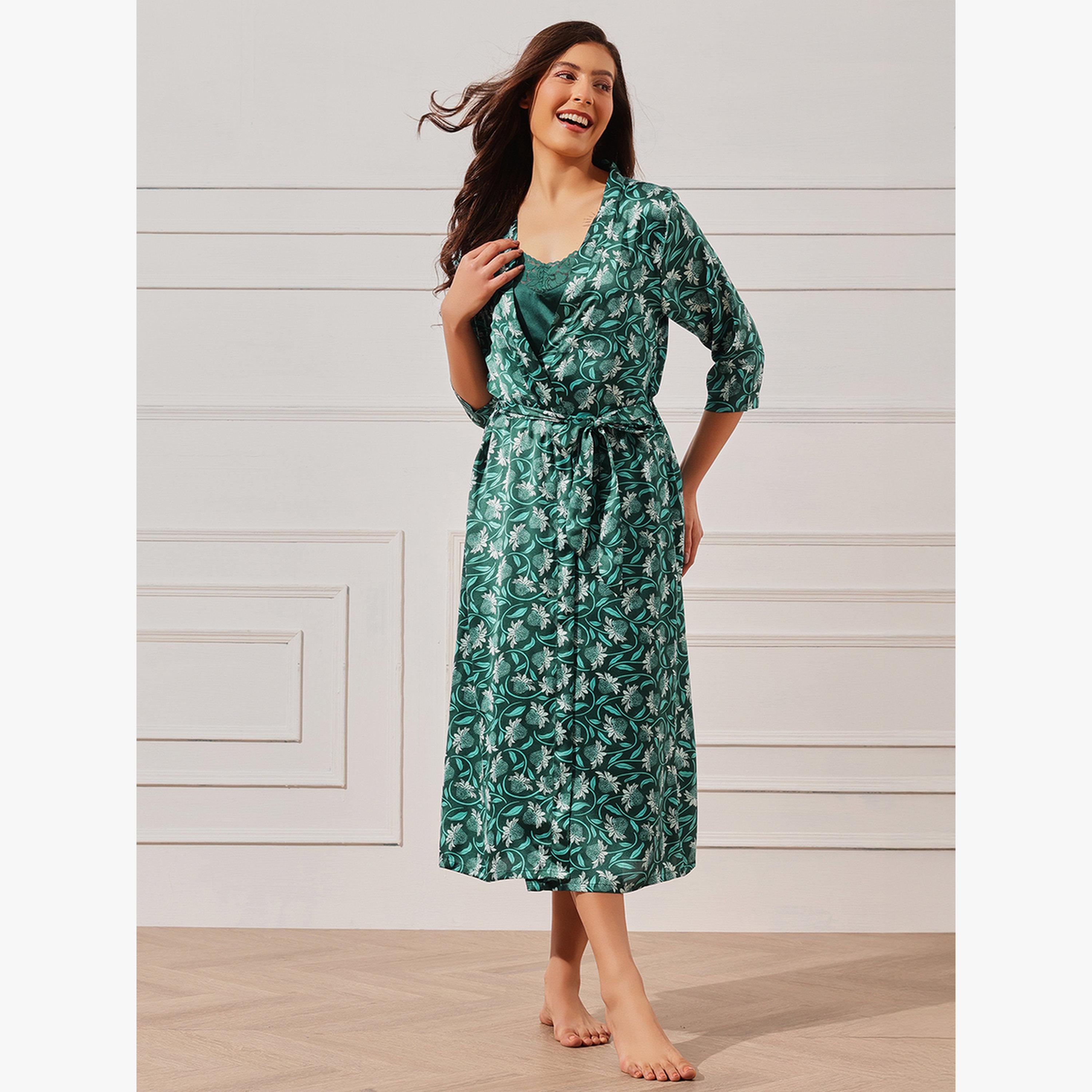 طقم روب أزهار وقميص نوم ساتان سادة قطعتين-women-clothing-nightwear-nighties-image-2