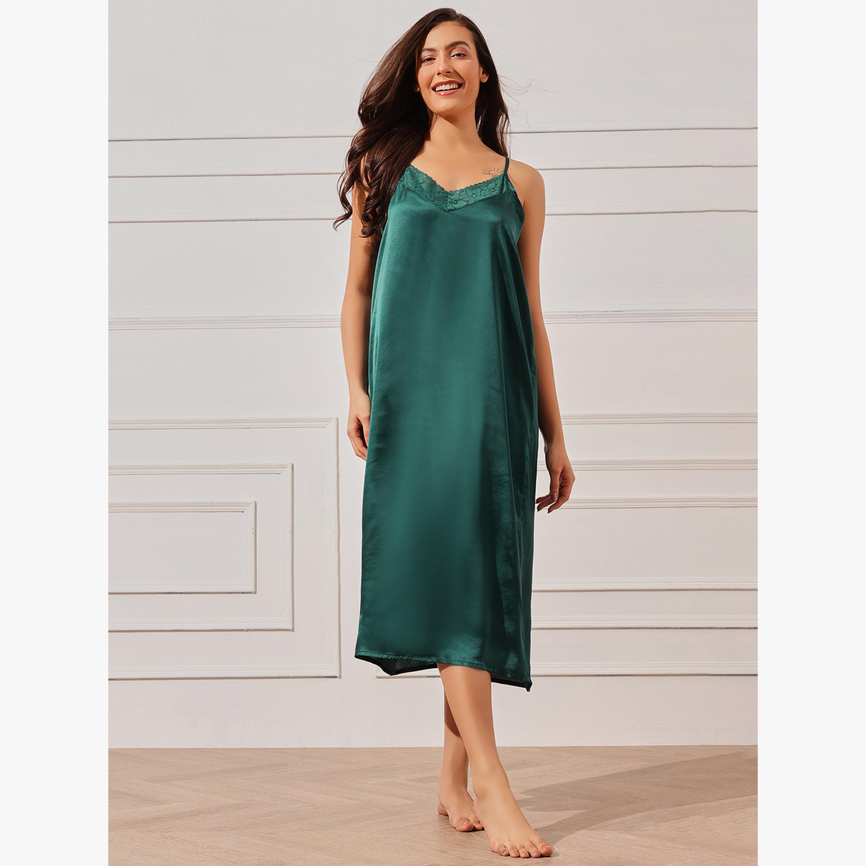 طقم روب أزهار وقميص نوم ساتان سادة قطعتين-women-clothing-nightwear-nighties-image-3