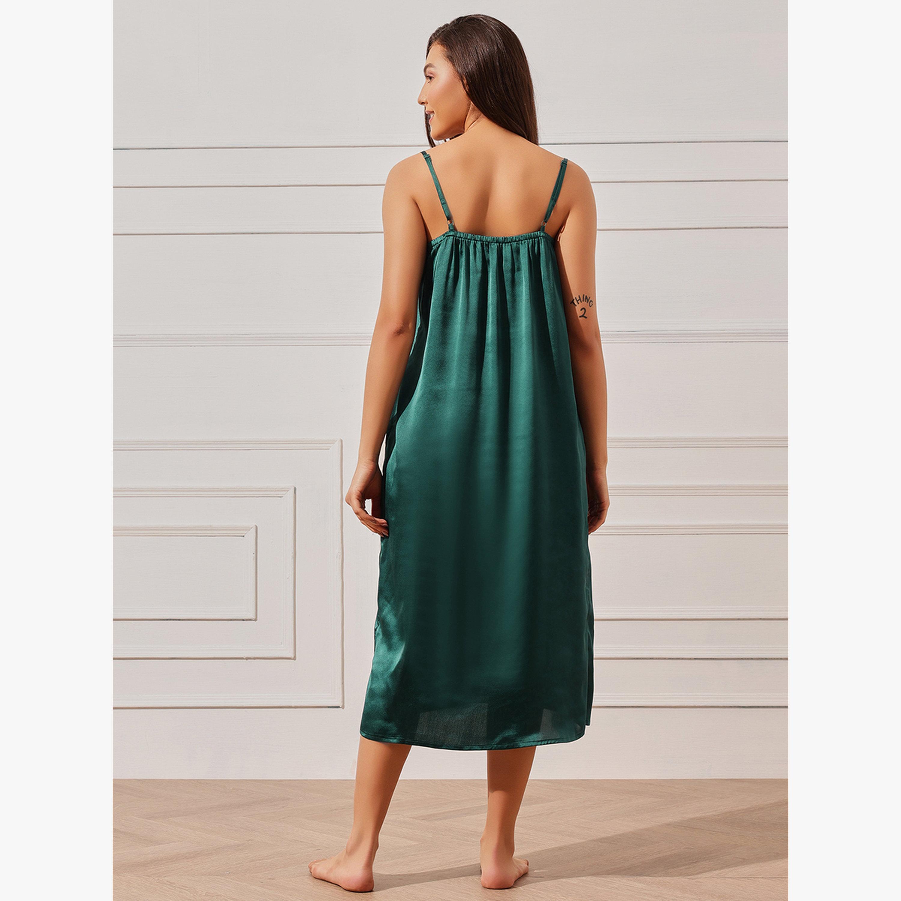 Clovia Pack of 2 - Solid Satin Slip Dress and Floral Robe Set-women-clothing-nightwear-nighties-image-4