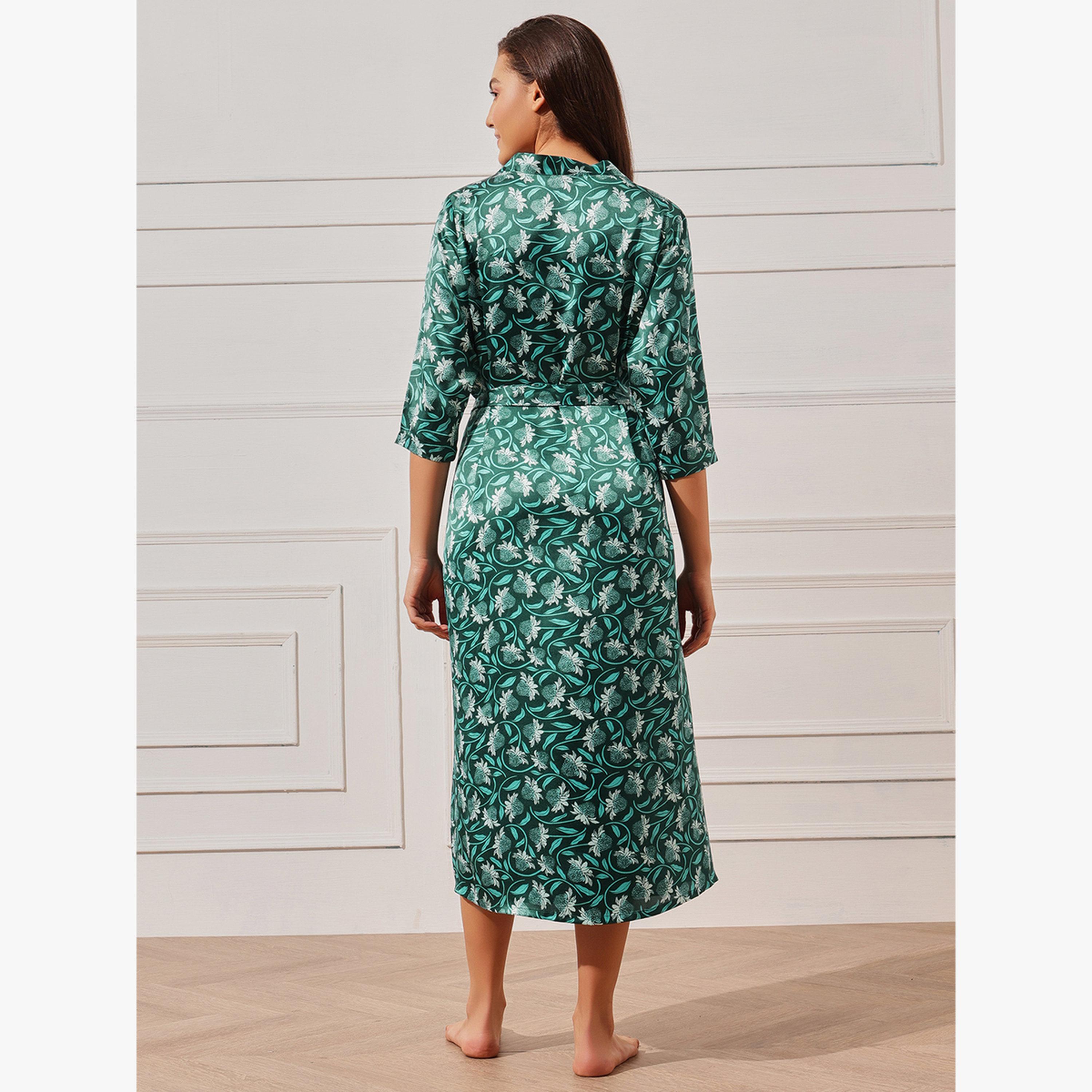 Clovia Pack of 2 - Solid Satin Slip Dress and Floral Robe Set-women-clothing-nightwear-nighties-image-5