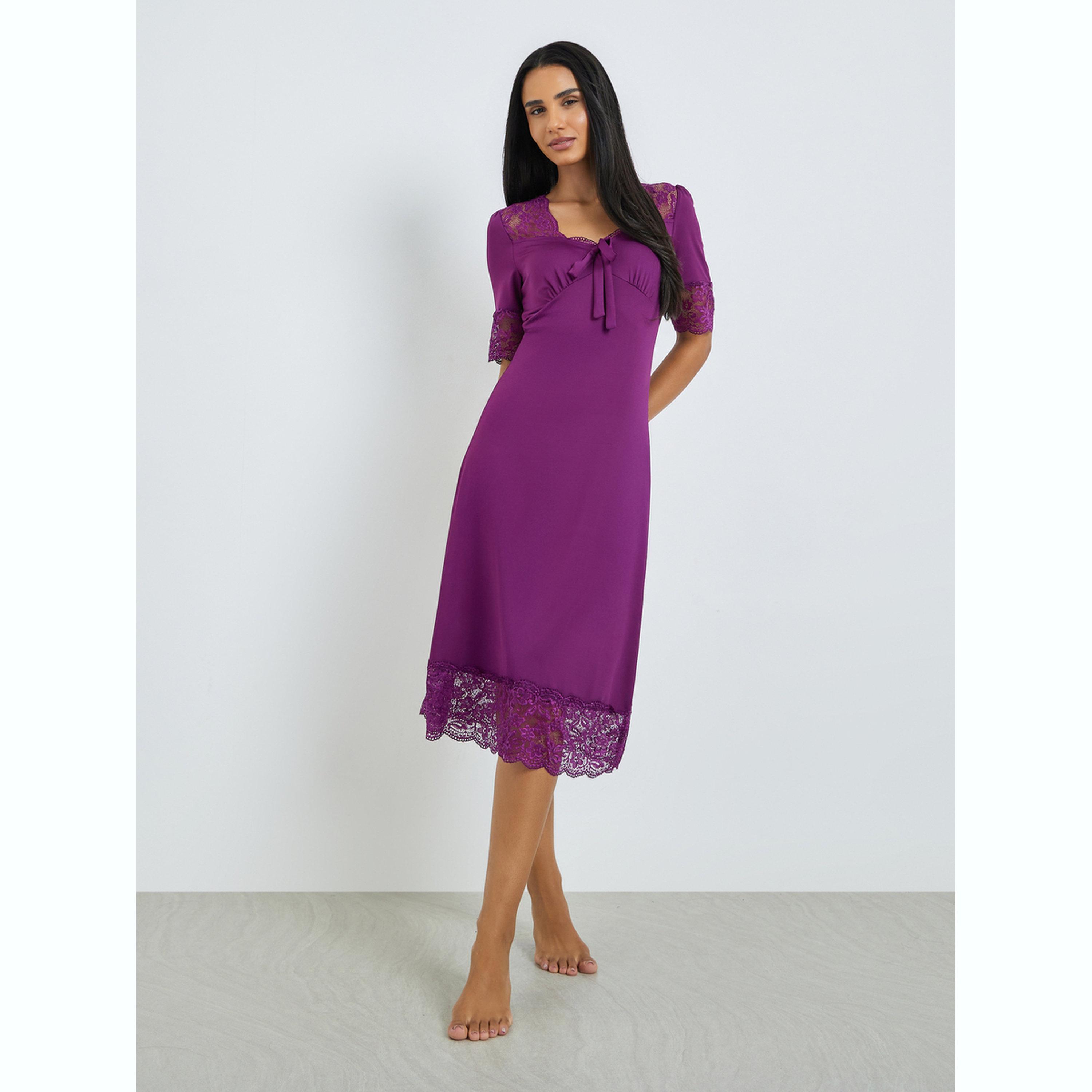 Styli Purple Lace Trim Bow Detail Nightdress-women-clothing-nightwear-nighties-image-1