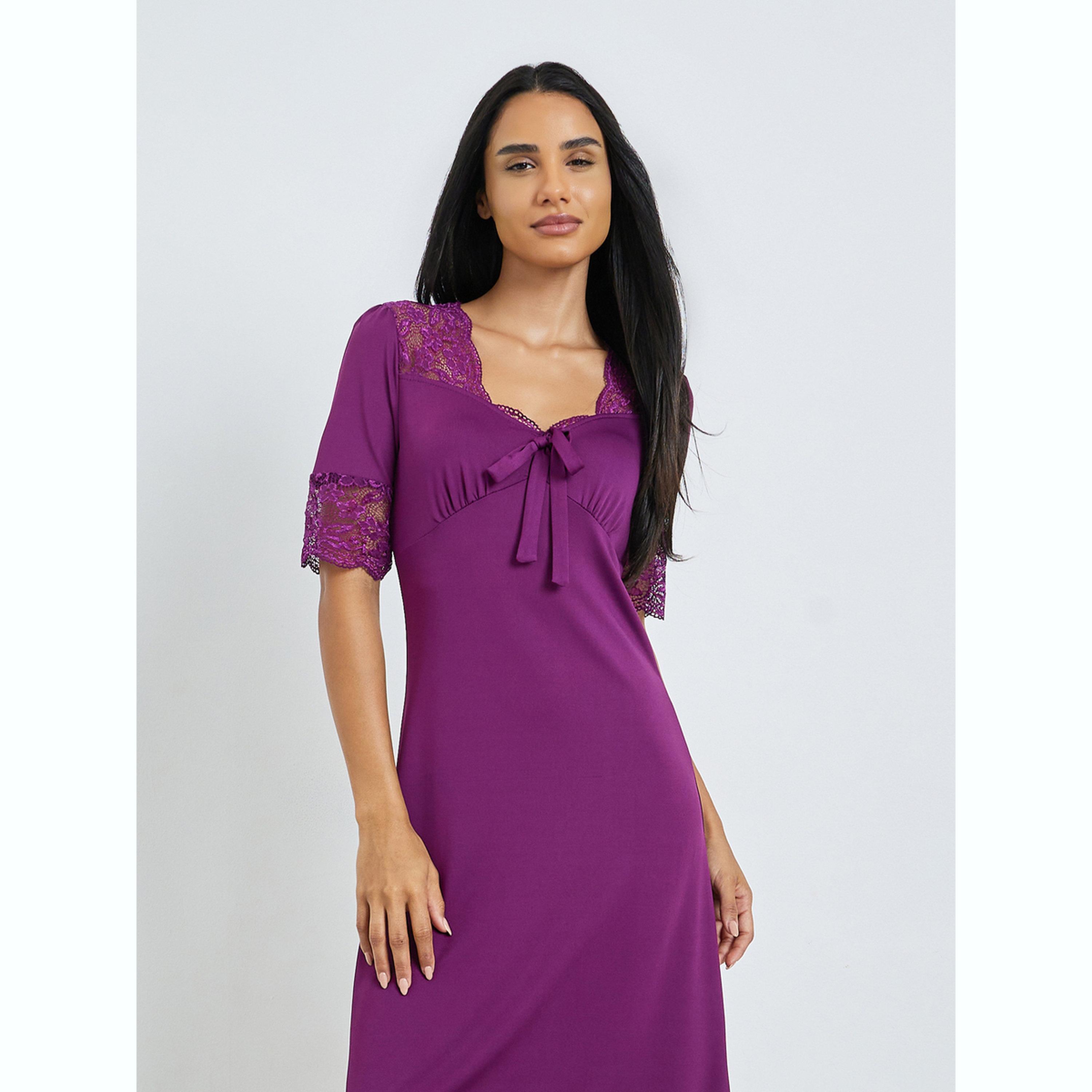 Styli Purple Lace Trim Bow Detail Nightdress-women-clothing-nightwear-nighties-image-2