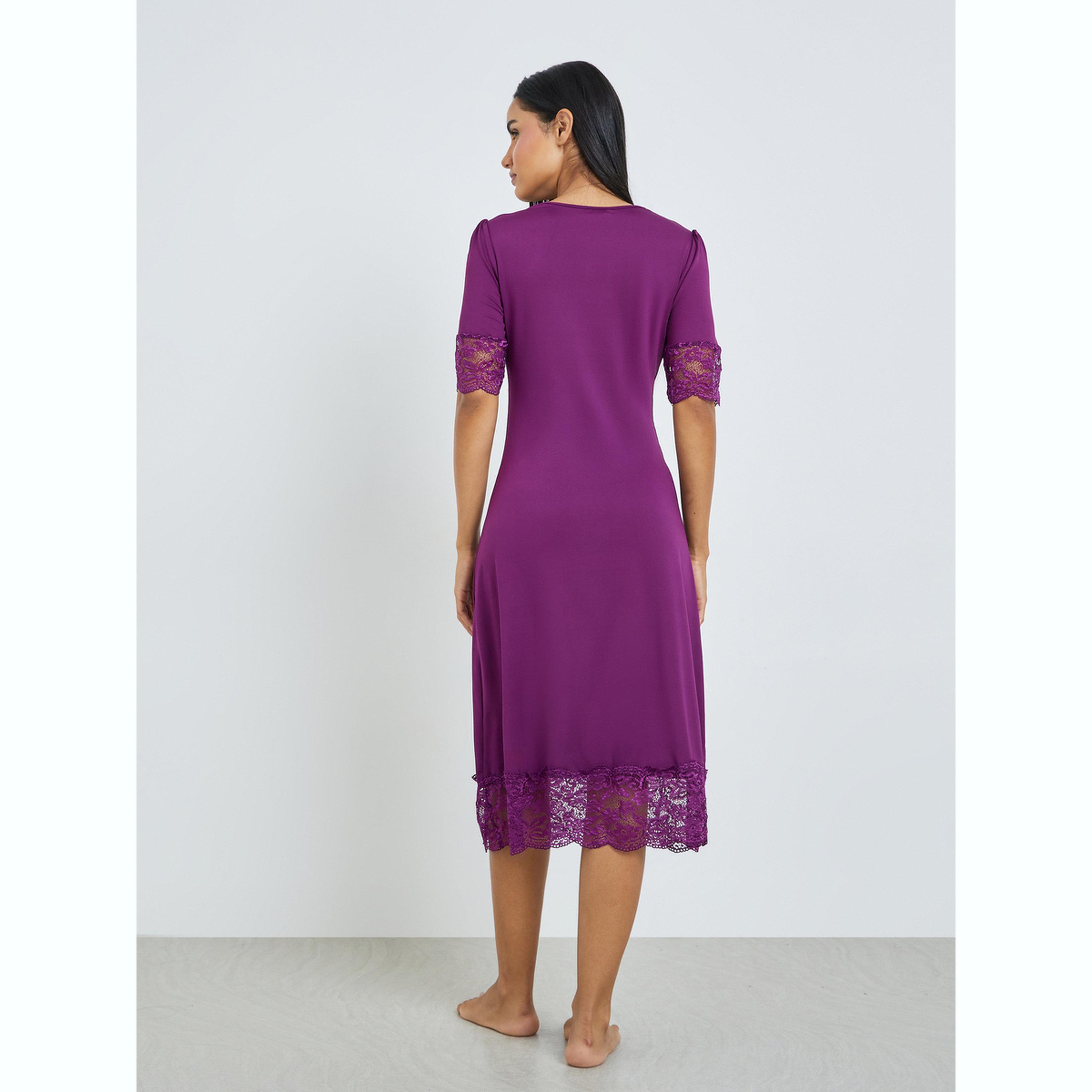 Styli Purple Lace Trim Bow Detail Nightdress-women-clothing-nightwear-nighties-image-3