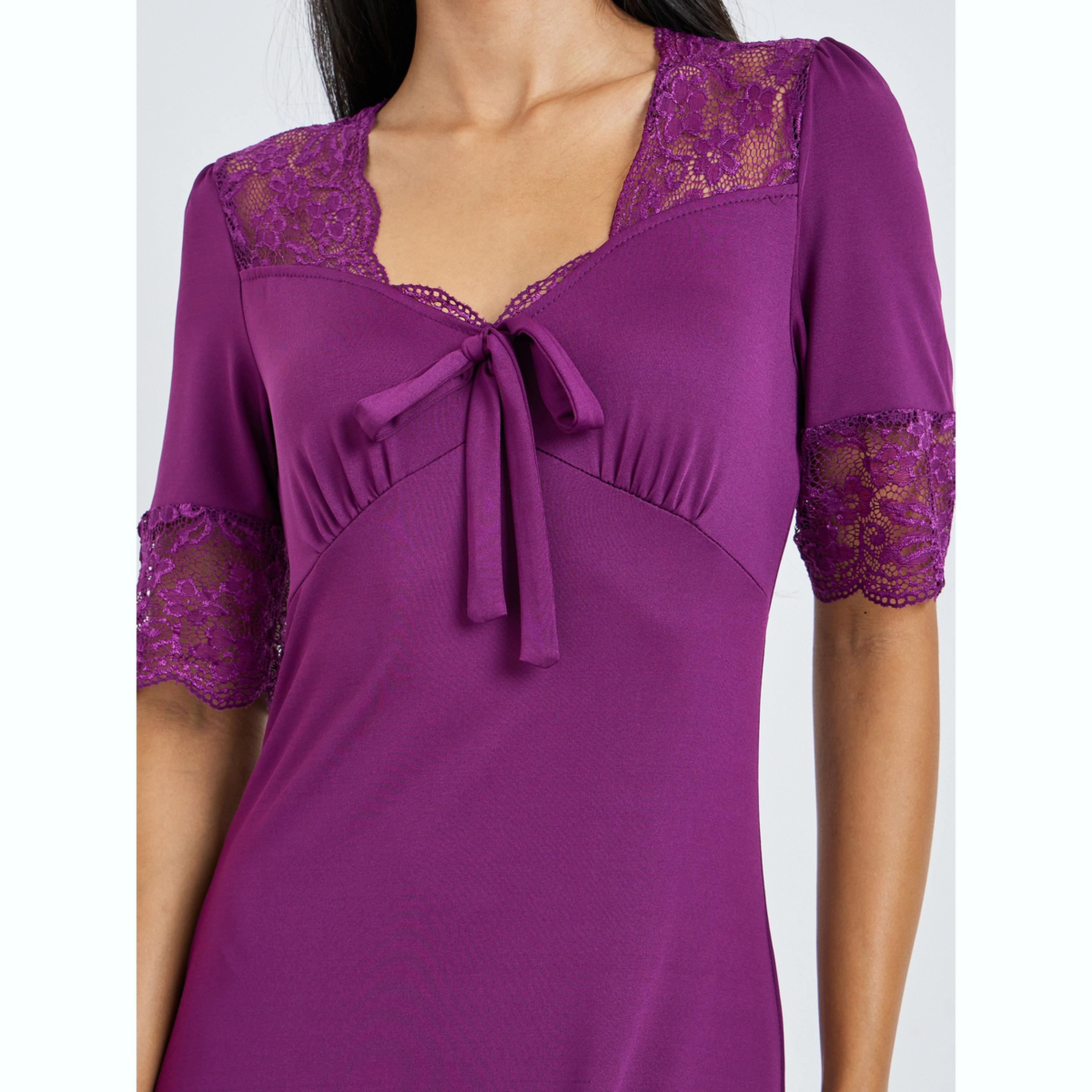 Styli Purple Lace Trim Bow Detail Nightdress-women-clothing-nightwear-nighties-image-4