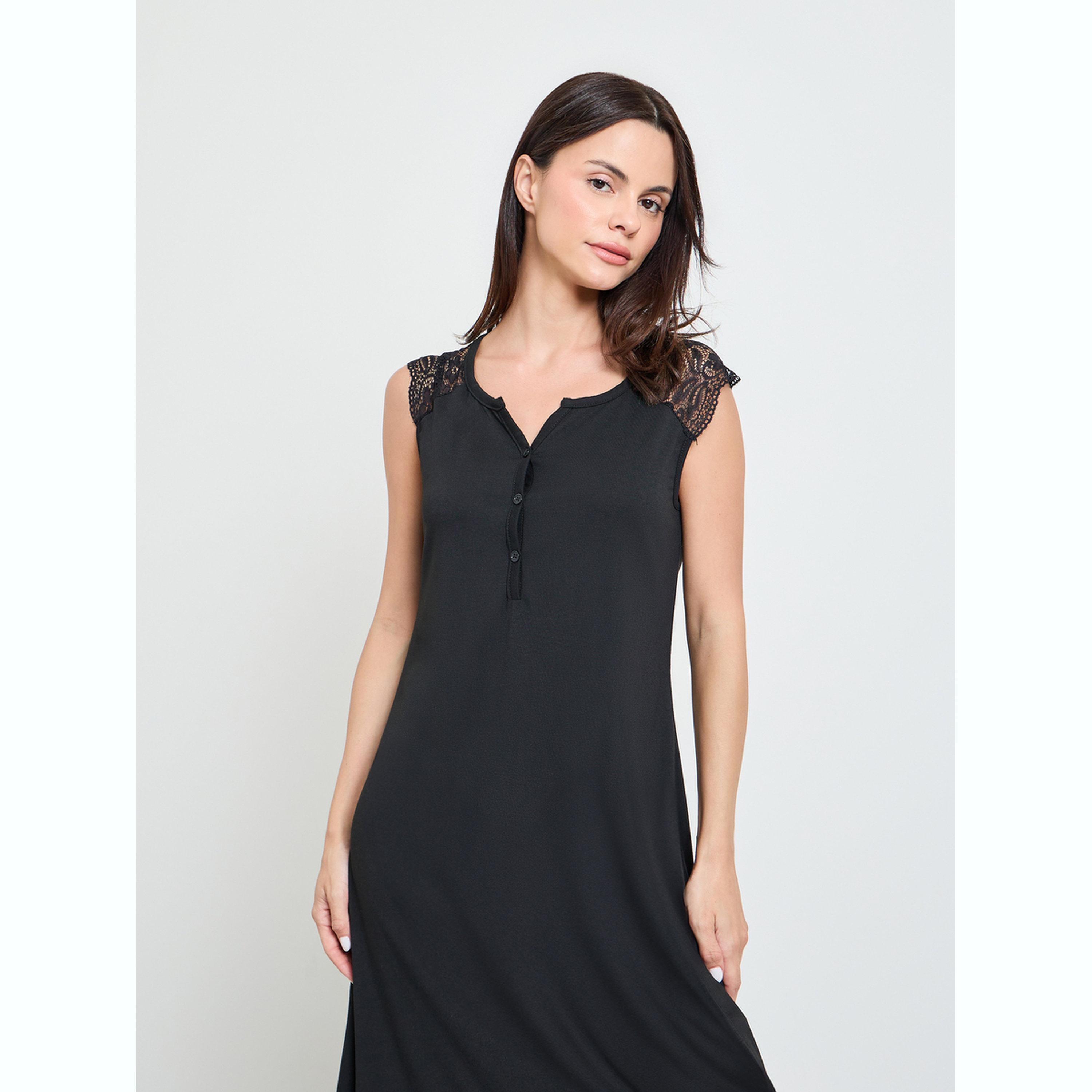 Styli Black Shoulder Lace Trim Placket Detail Nightdress-women-clothing-nightwear-nighties-image-2