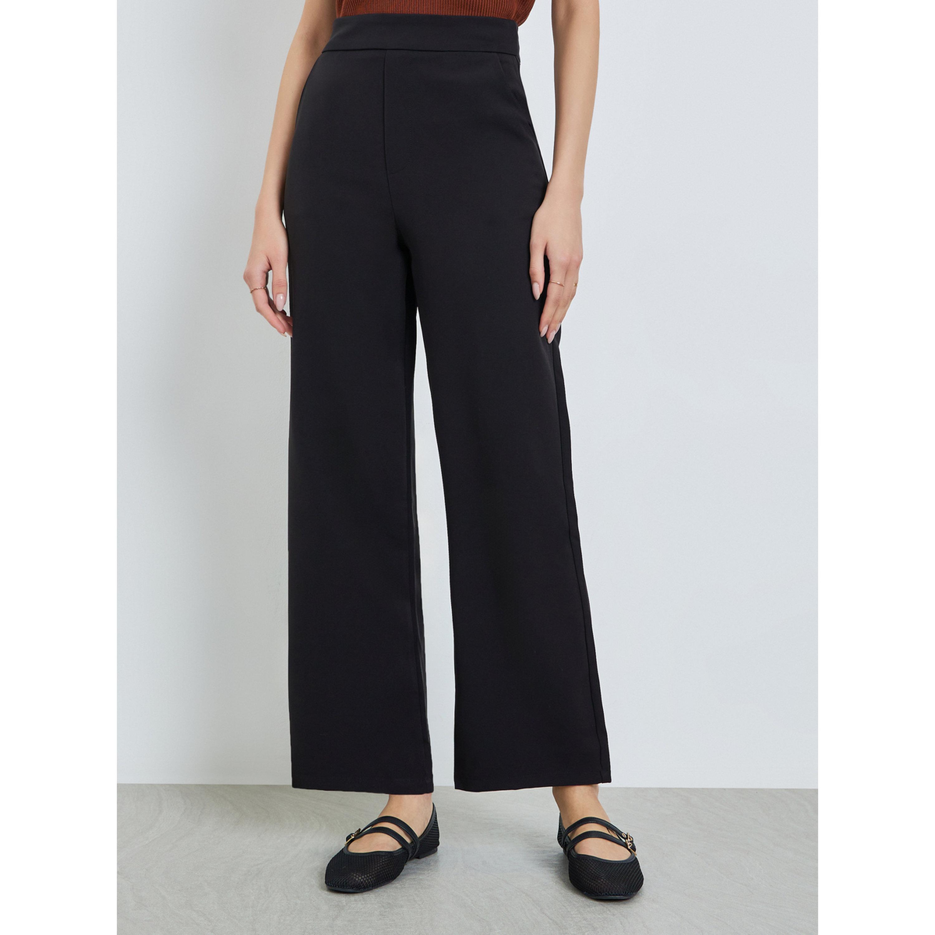 Take Two Black Solid High Rise Flared Pants-women-clothing-bottoms-joggers-image-1