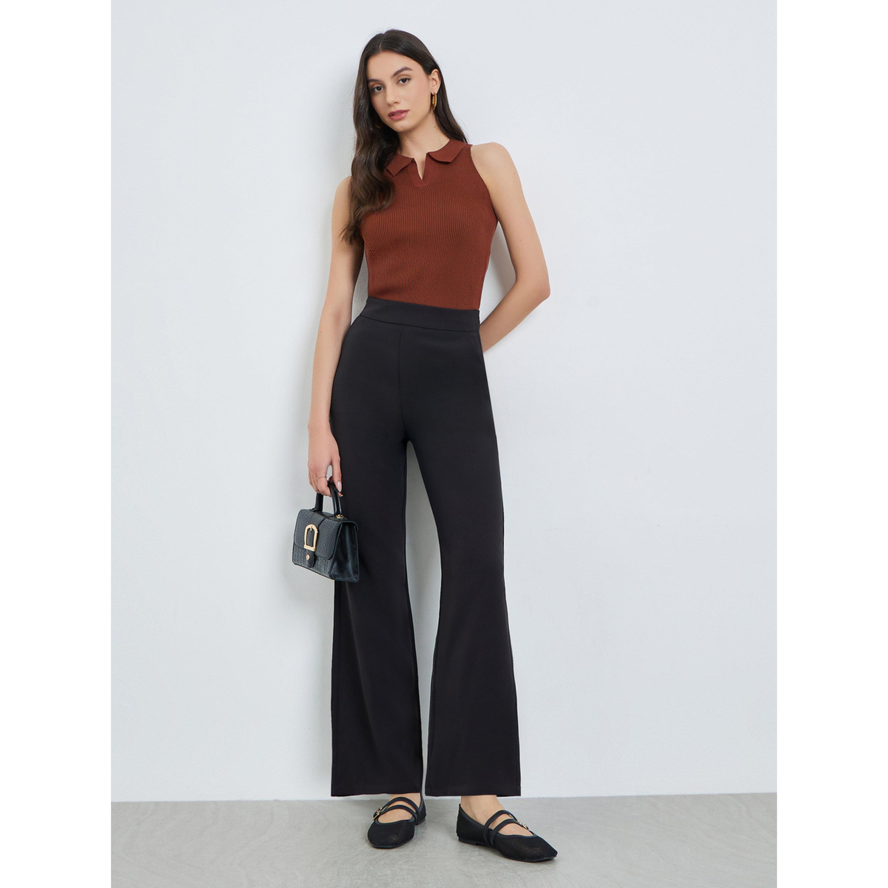 Take Two Black Solid High Rise Flared Pants-women-clothing-bottoms-joggers-image-2