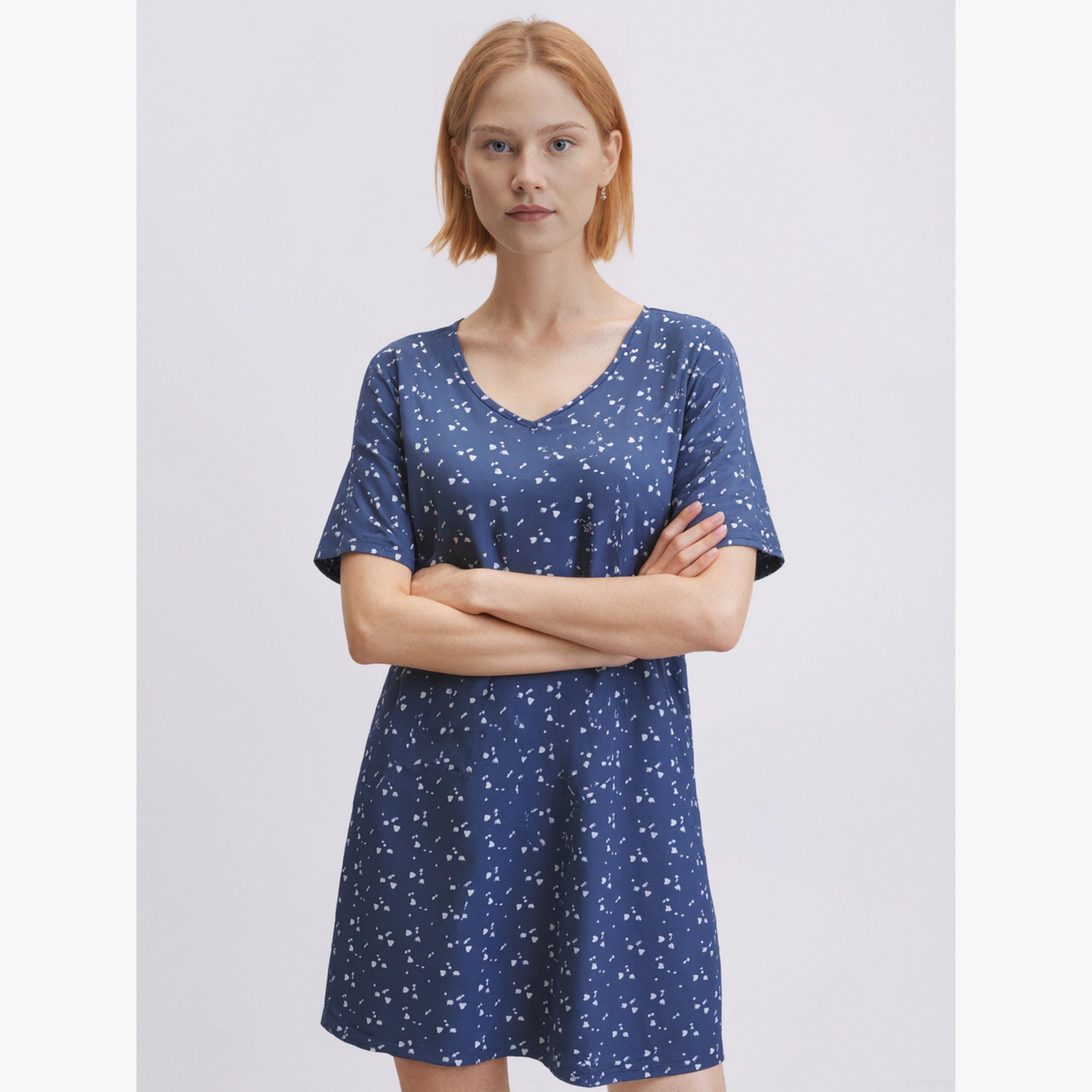 Take Two Blue Printed Short Sleeve Nightdres-women-clothing-nightwear-nighties-image-2