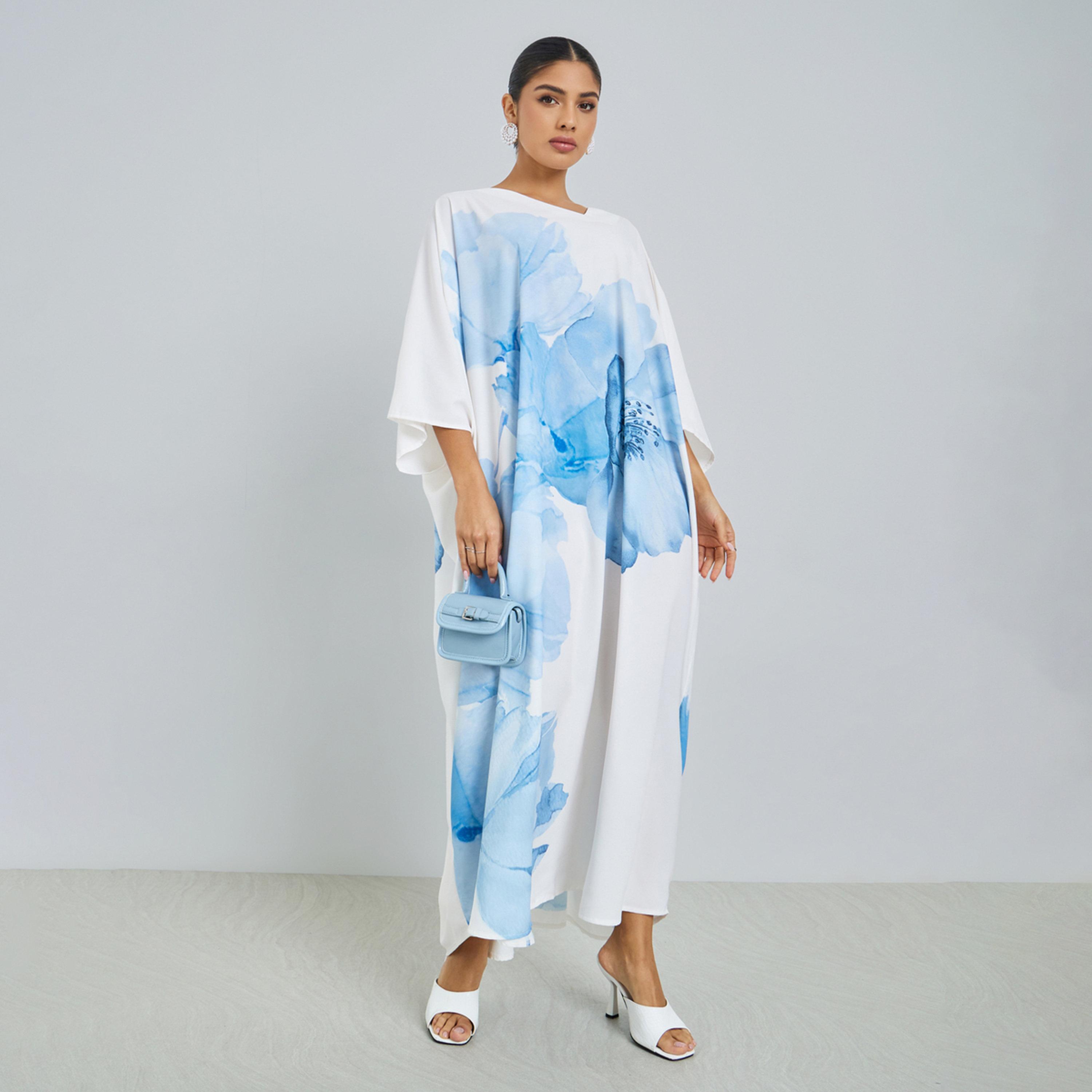 Amirah X Styli Blue Floral Loose Fit Kaftan-women-arabicclothing-kaftan-image-1