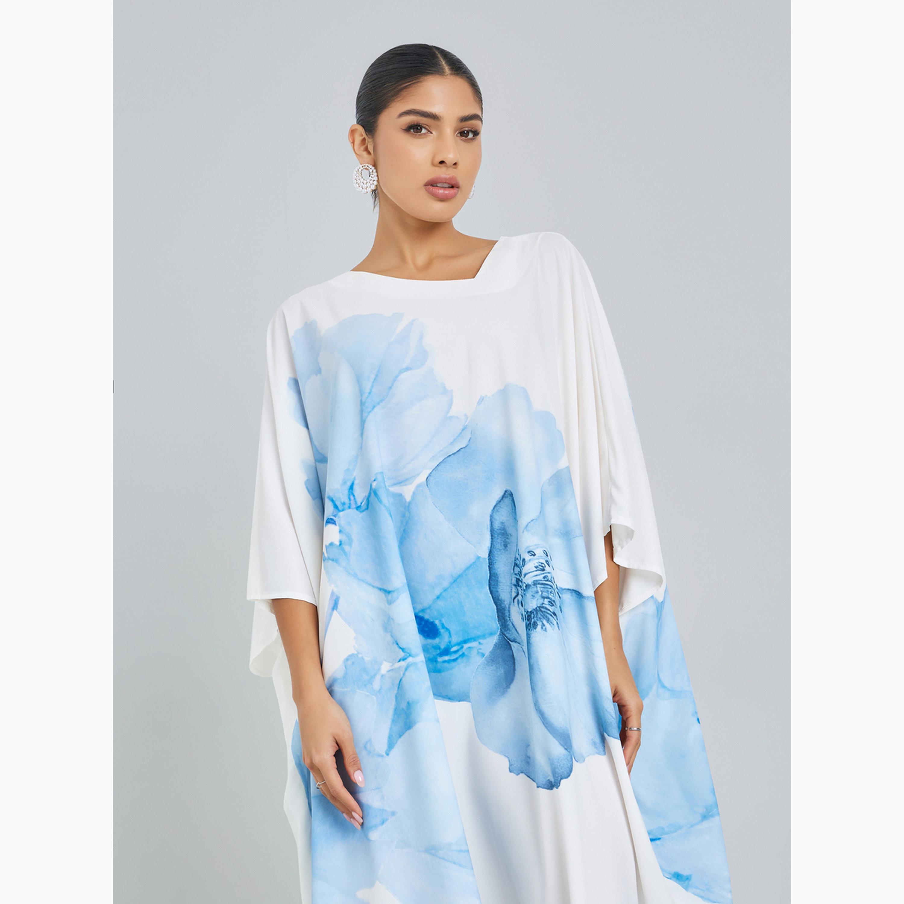 Amirah X Styli Blue Floral Loose Fit Kaftan-women-arabicclothing-kaftan-image-2