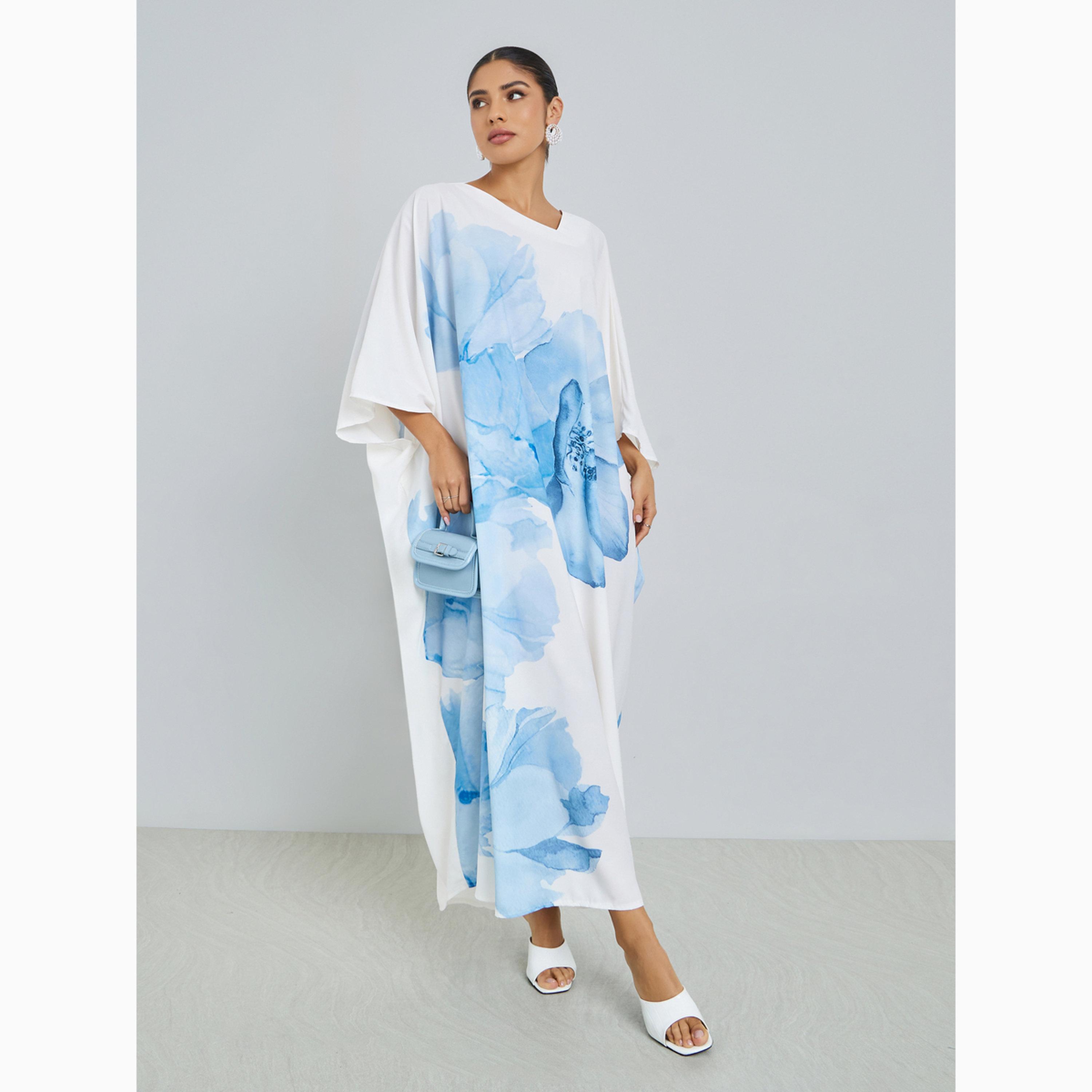 قفطان بقصة مريحة وطبعة أزهار-women-arabicclothing-kaftan-image-3