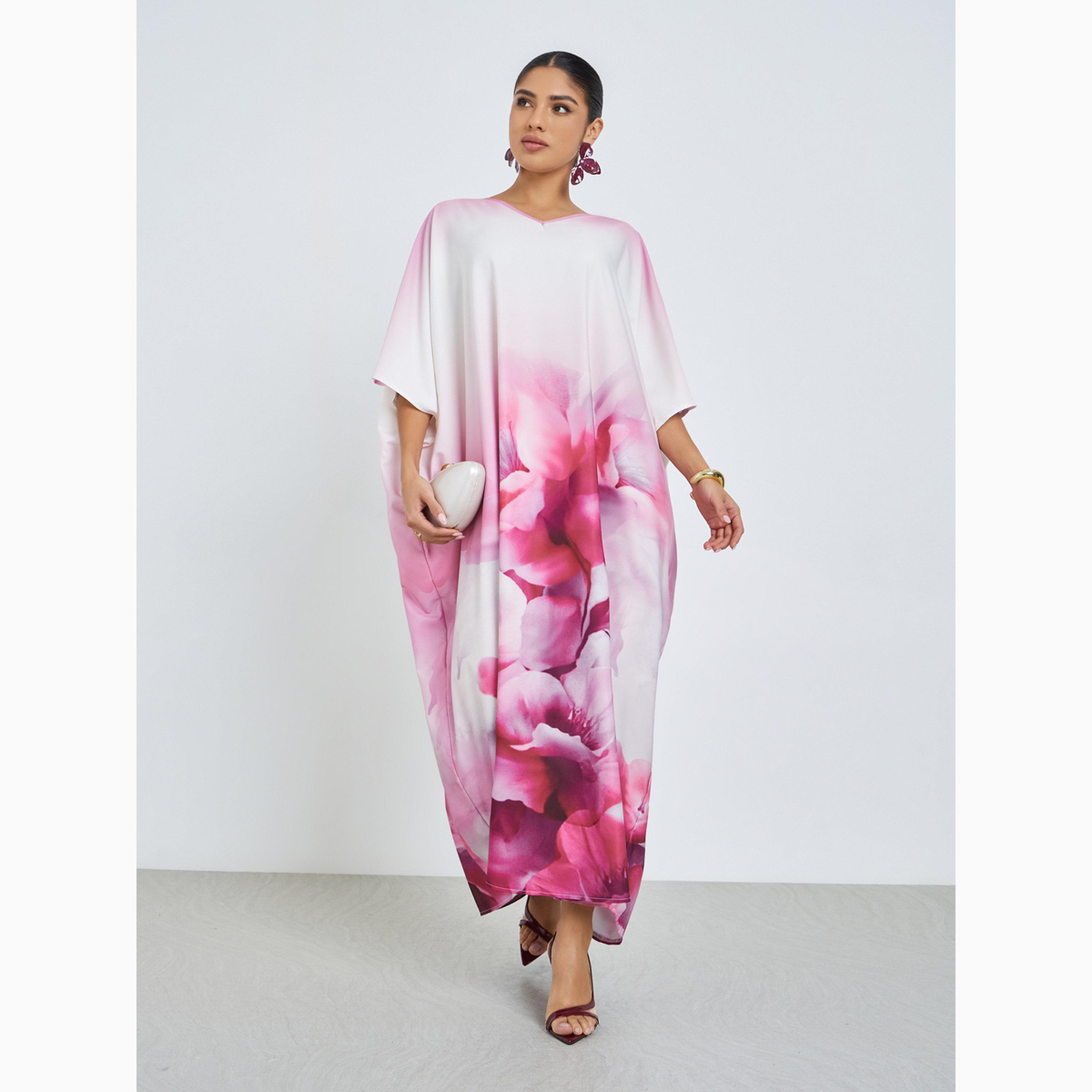 Amirah X Styli Pink Floral Loose Fit Kaftan-women-arabicclothing-kaftan-image-1