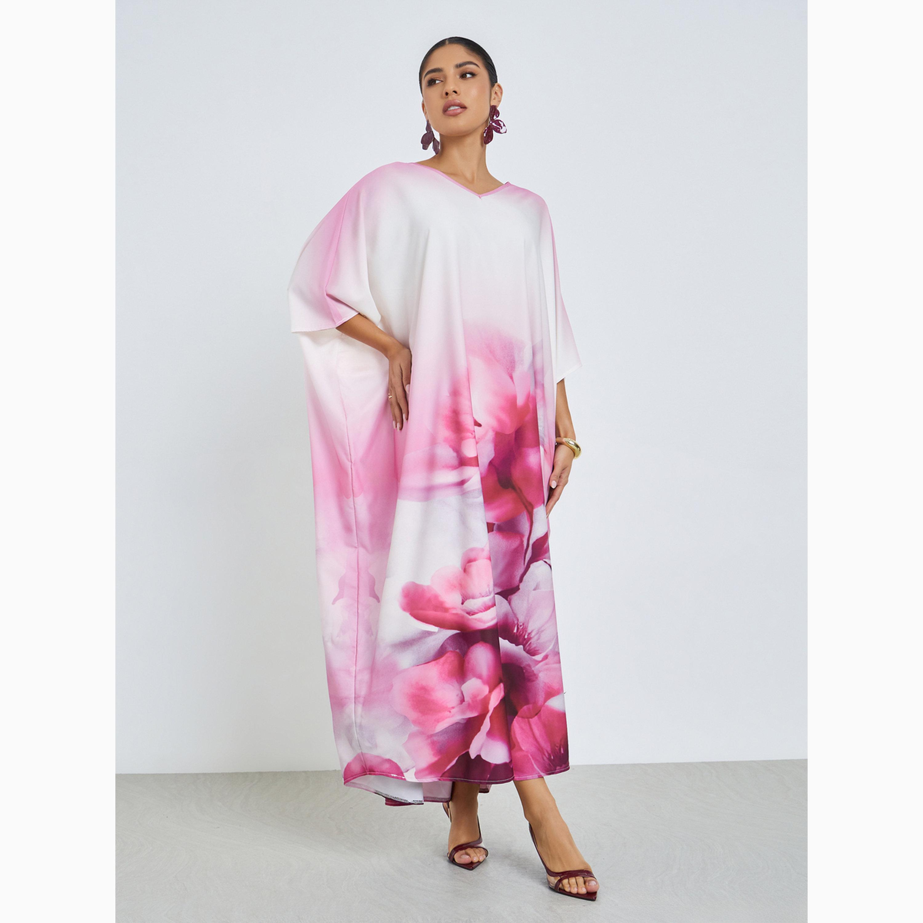 قفطان بقصة مريحة وطبعة أزهار-women-arabicclothing-kaftan-image-3