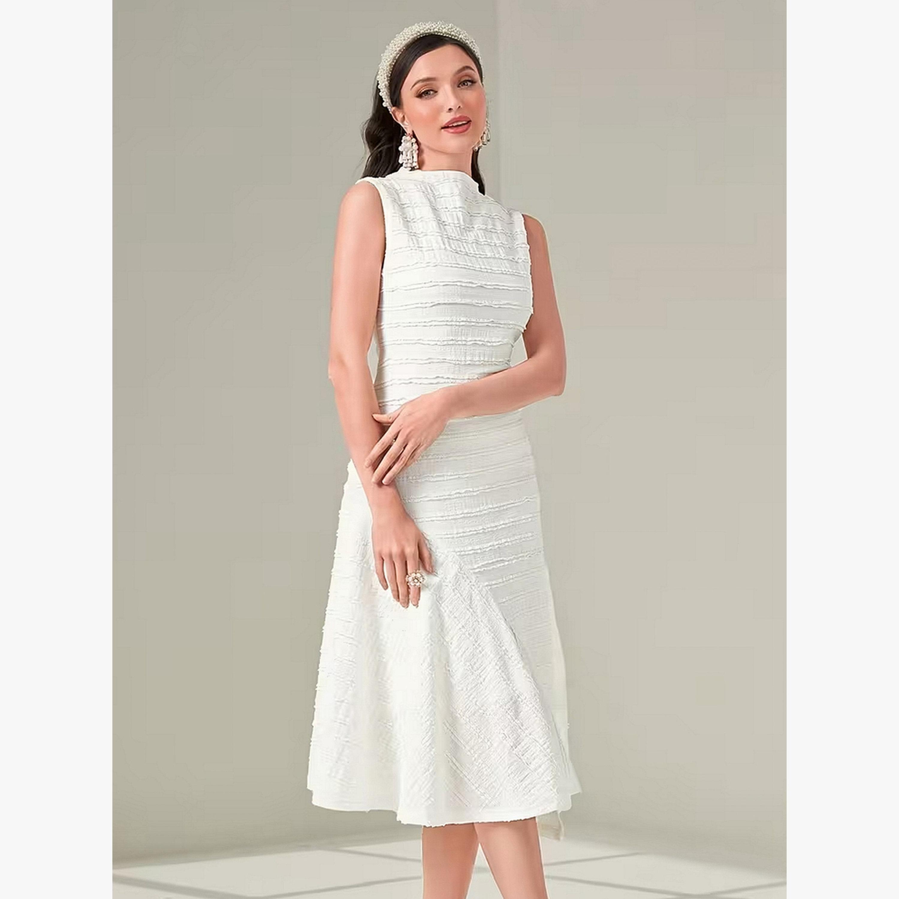 Take Two Solid Texture Round Neck Sleeveless Ruffle Hem Midi Dress-women-clothing-dresses-image-1