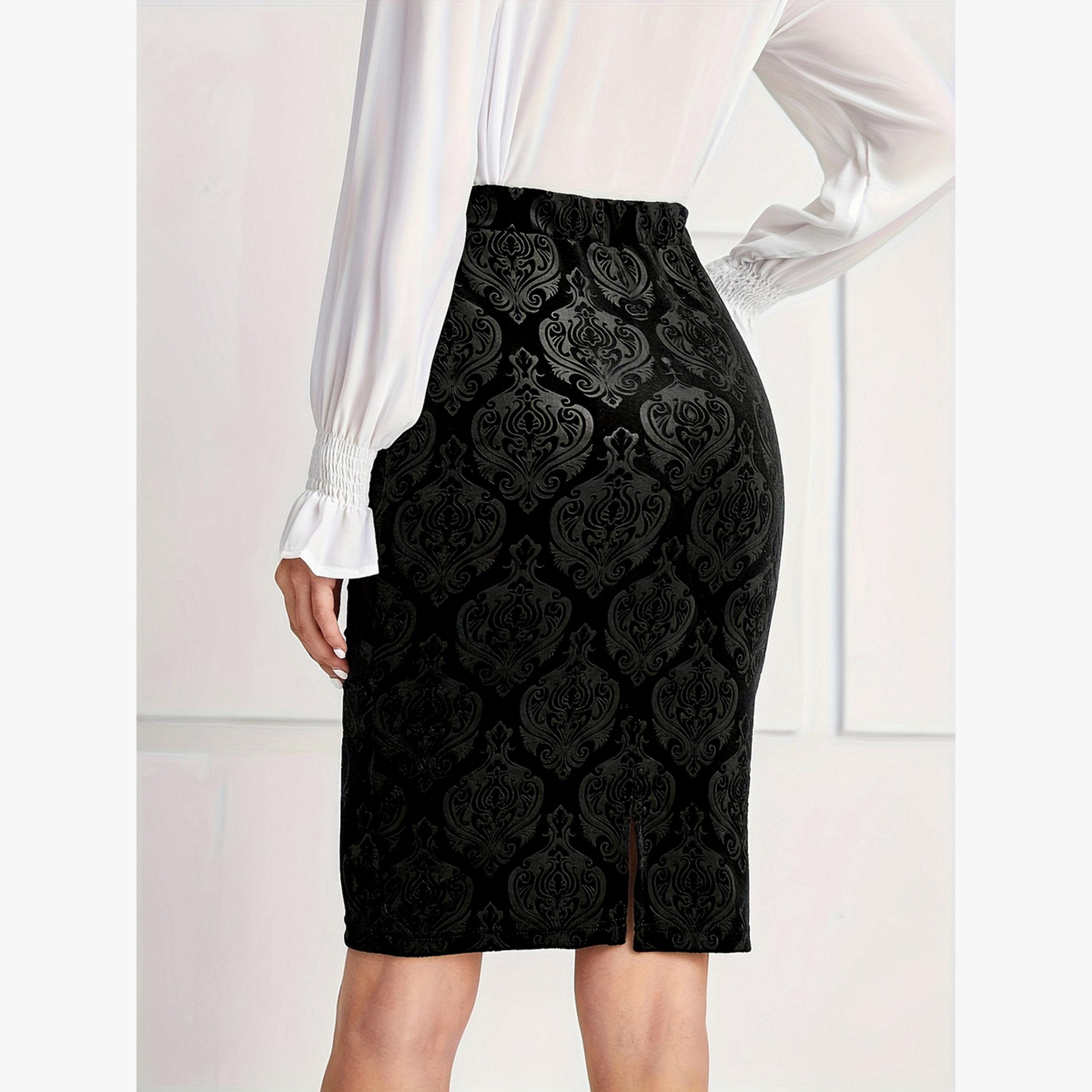 Take Two Black Velvet Damask Bodycon Mini Skirt-women-clothing-bottoms-skirts-image-2