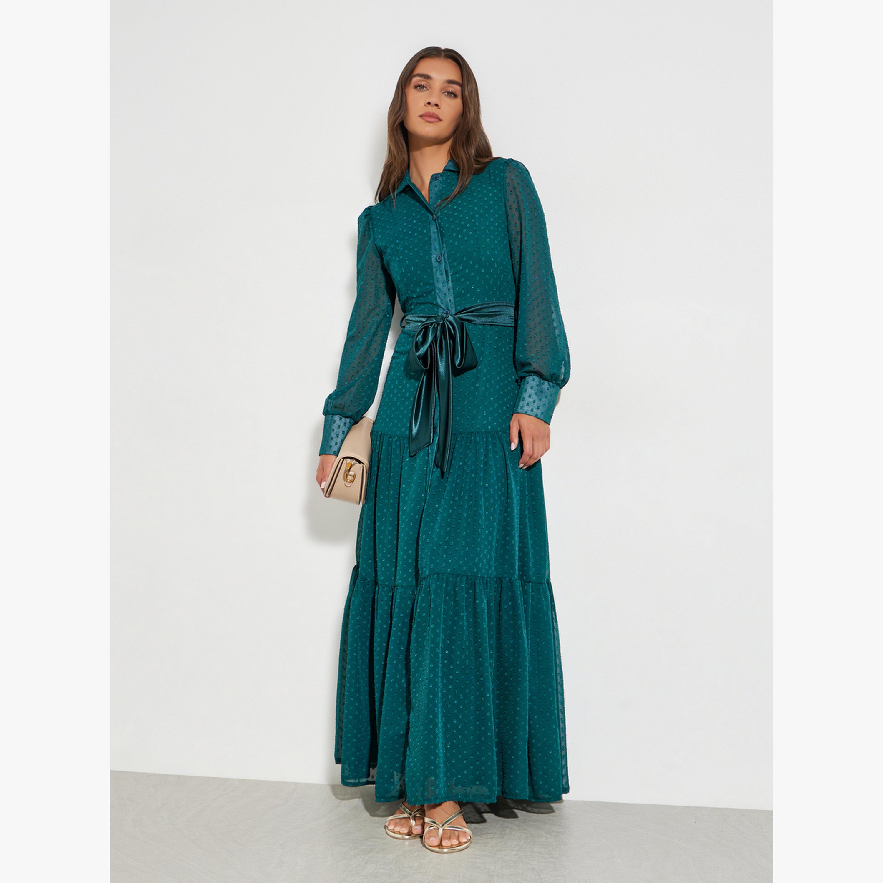 فستان طويل قميص مزين بكسرات وخيوط دوبي-women-clothing-dresses-image-1