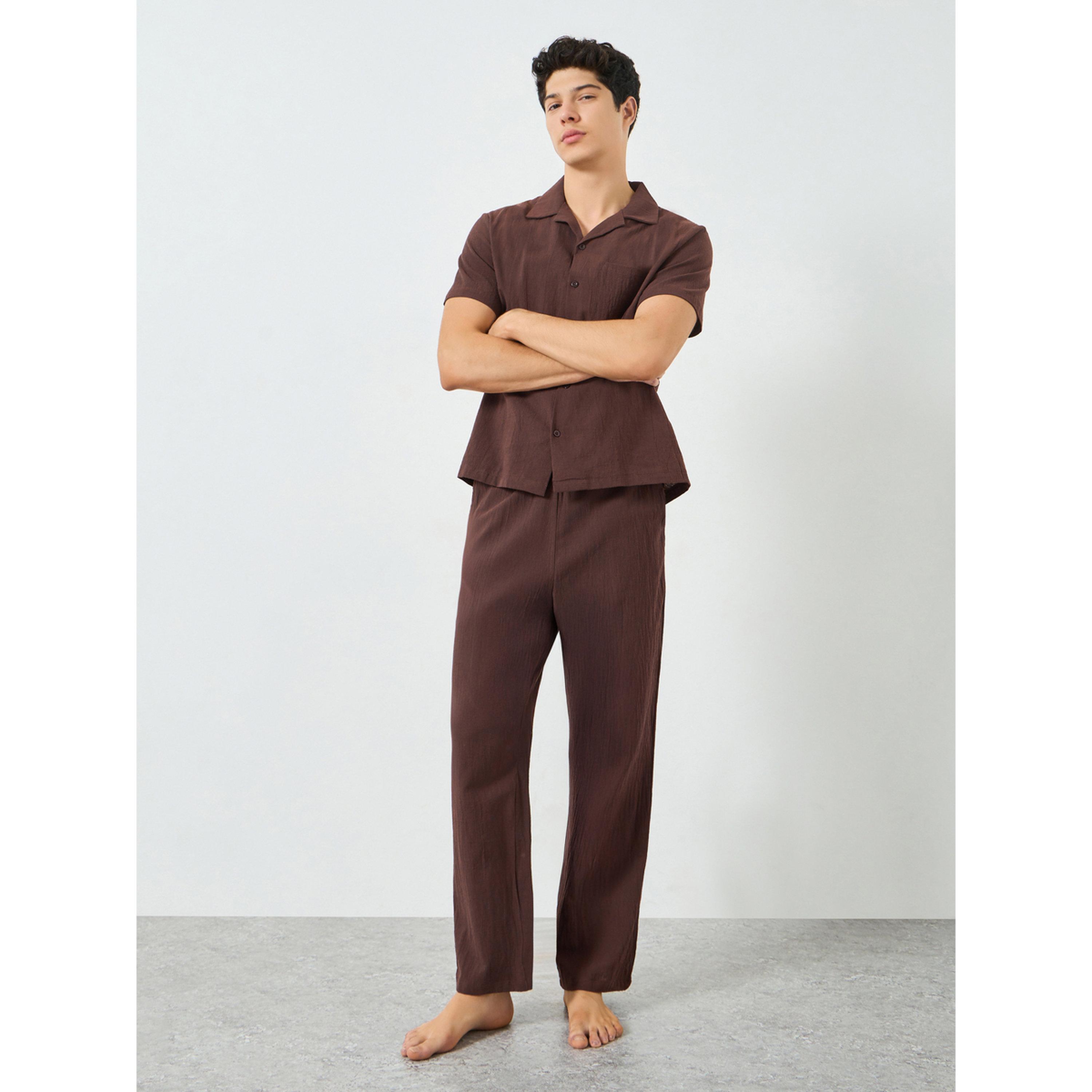 Take Two Men Coffee Brown Textured Shirt and Pyjama Set-men-clothing-nightwear-sets-image-1
