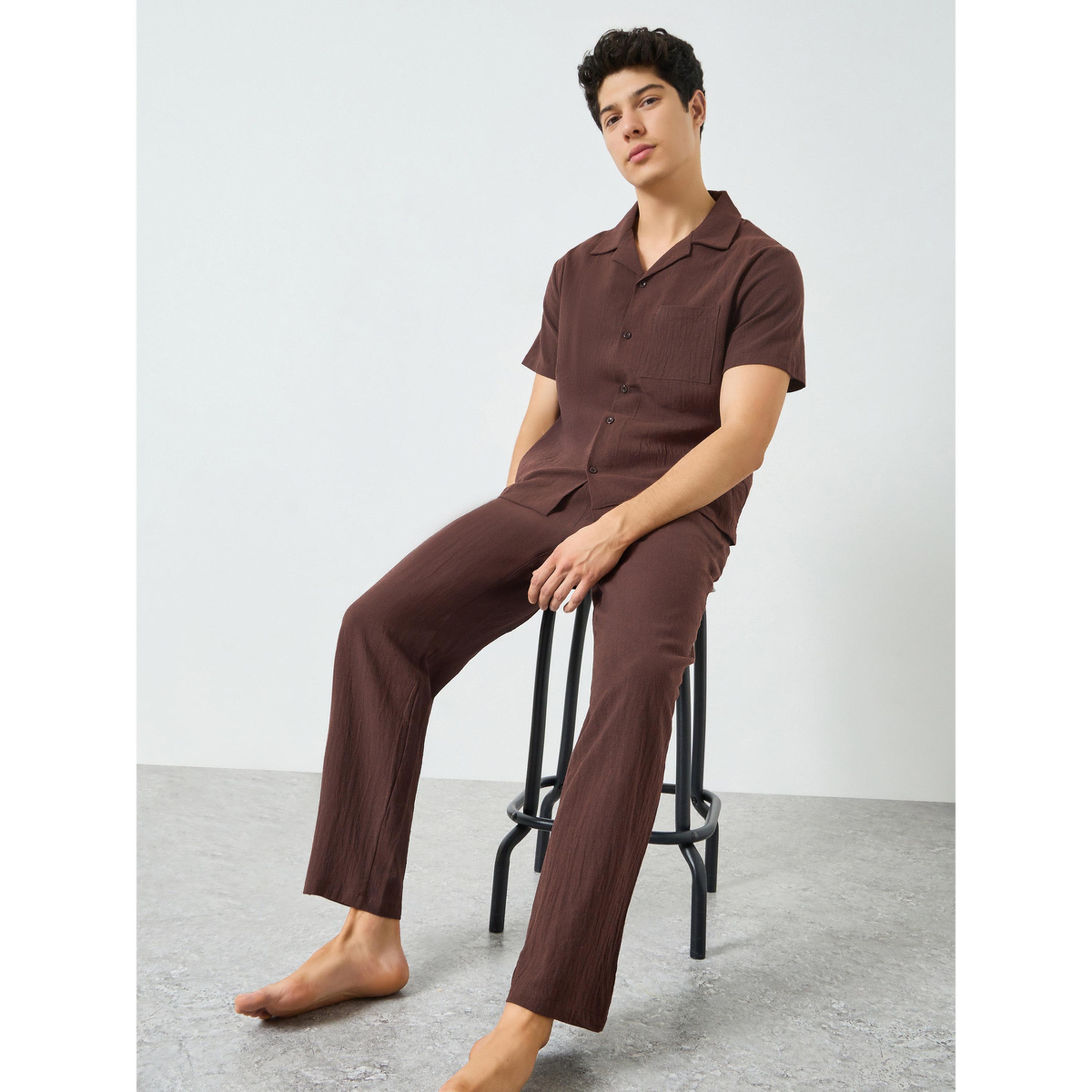 Take Two Men Coffee Brown Textured Shirt and Pyjama Set-men-clothing-nightwear-sets-image-2