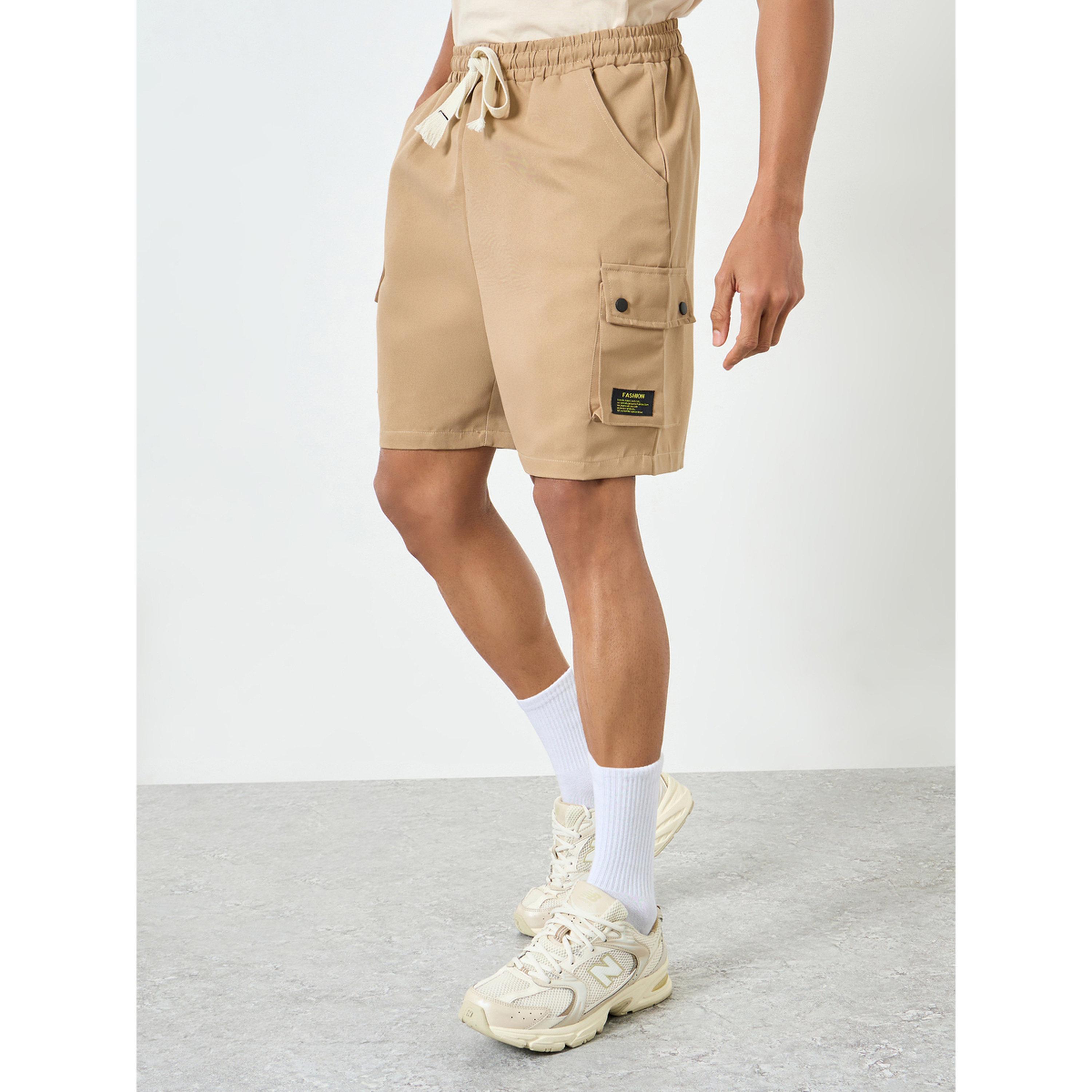 Take Two Men Beige Cargo Shorts with Drawstring-men-clothing-swimandbeach-shorts-image-1