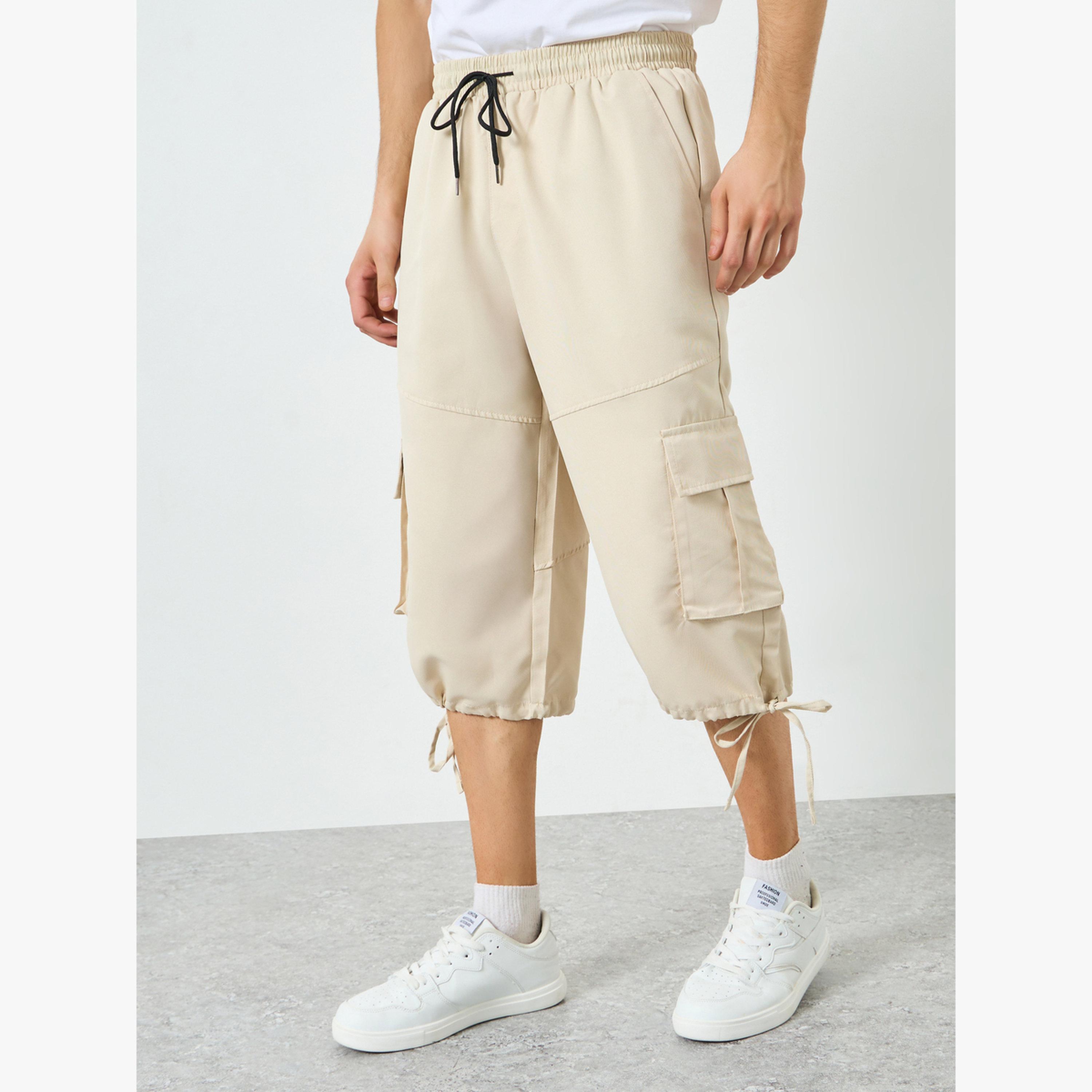 Take Two Men Beige Cargo Capri Pants with Drawstring-men-clothing-bottoms-shorts-image-1