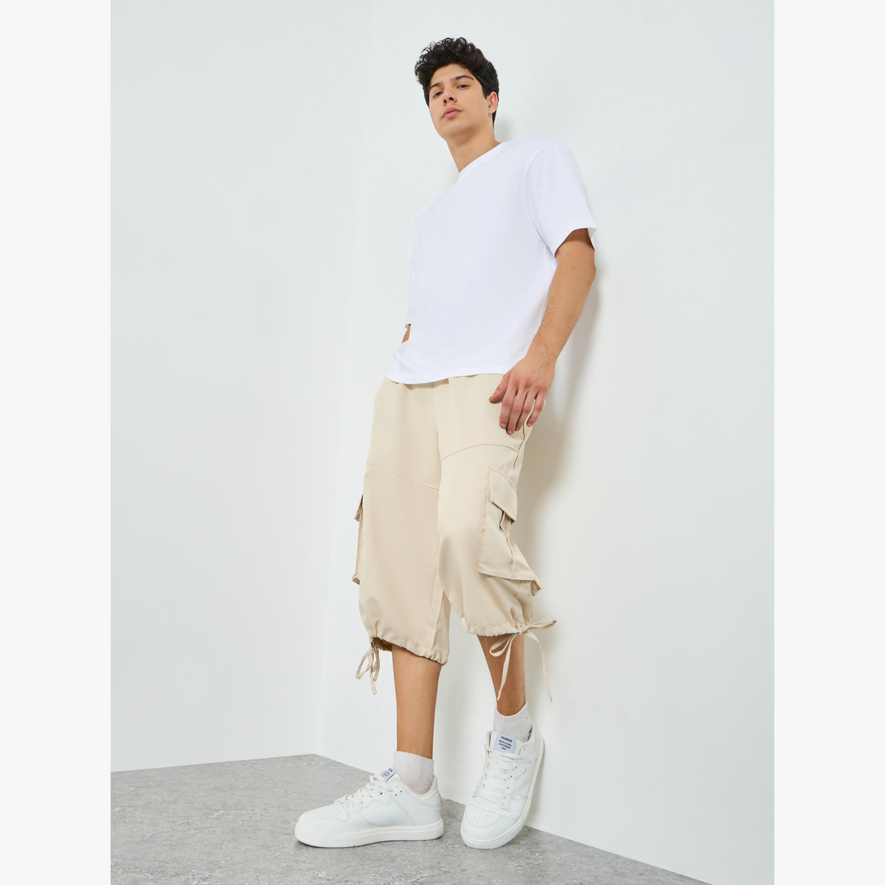 Take Two Men Beige Cargo Capri Pants with Drawstring-men-clothing-bottoms-shorts-image-2