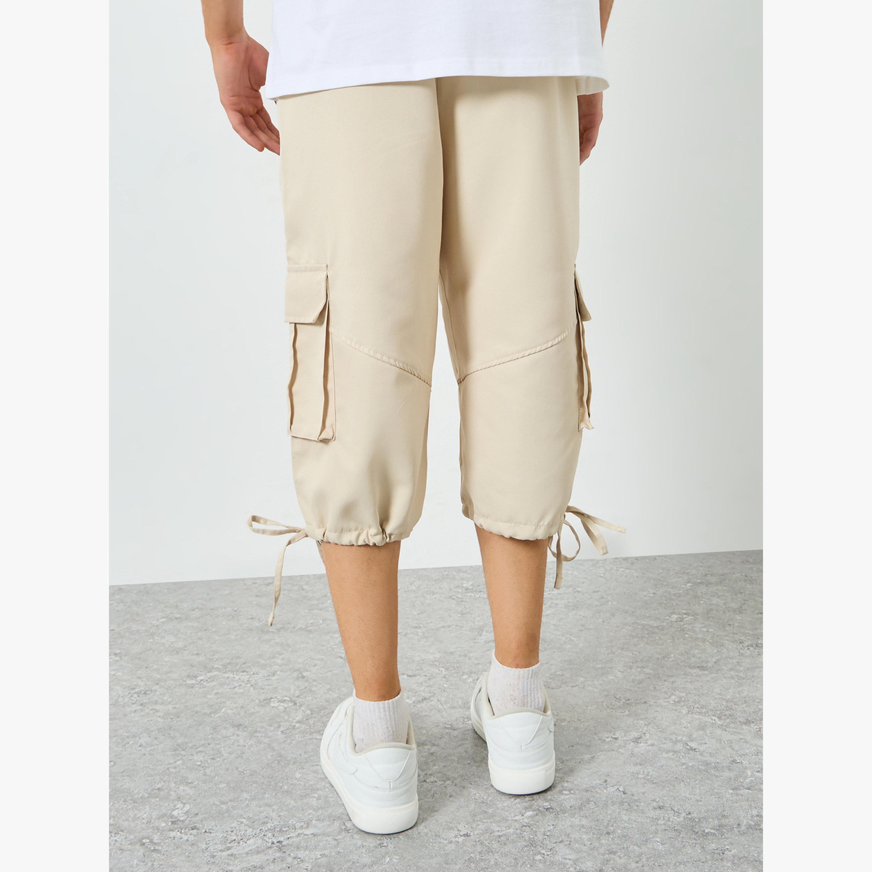 Take Two Men Beige Cargo Capri Pants with Drawstring-men-clothing-bottoms-shorts-image-5