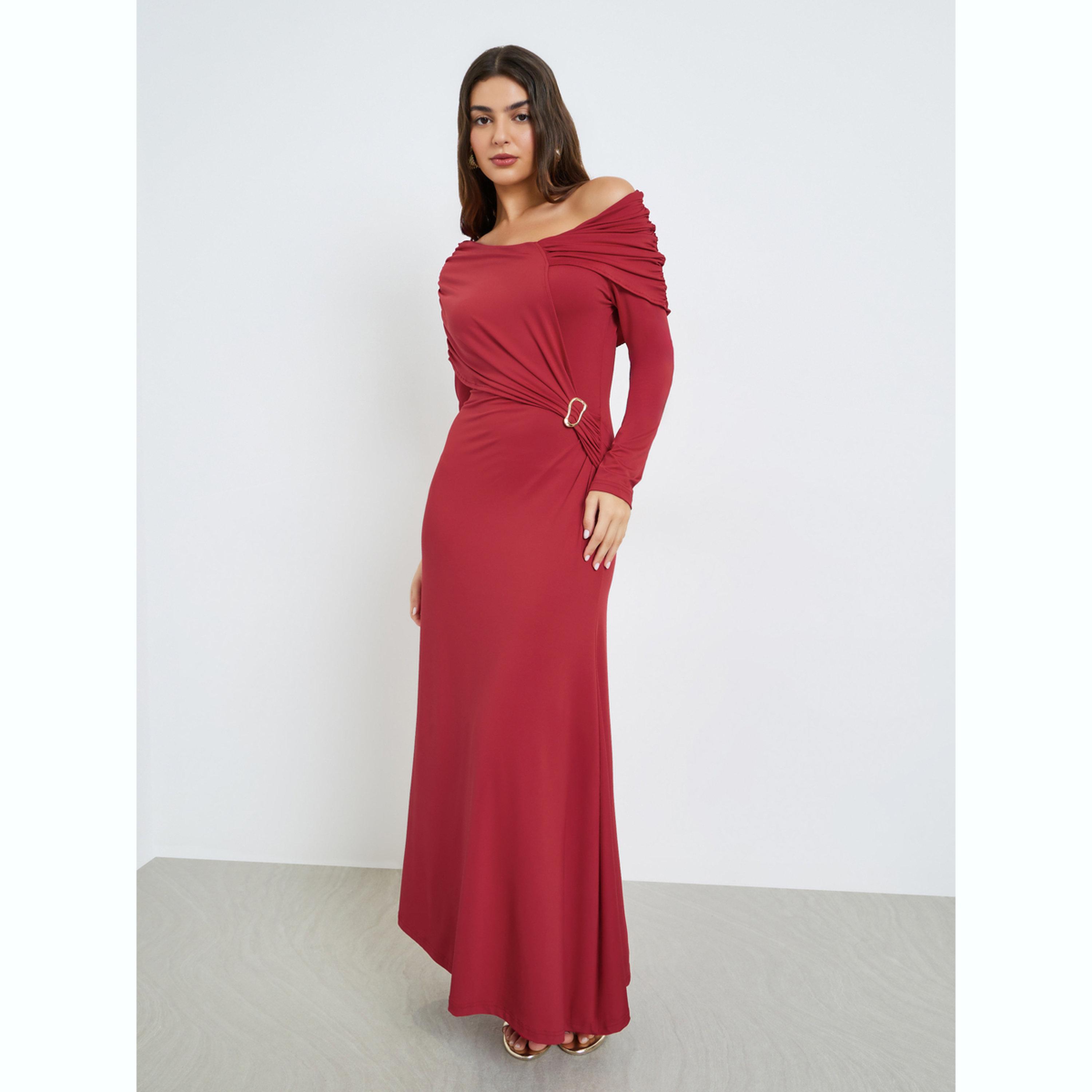 Styli Red Asymmetric Neck Maxi Dress-women-clothing-dresses-image-1