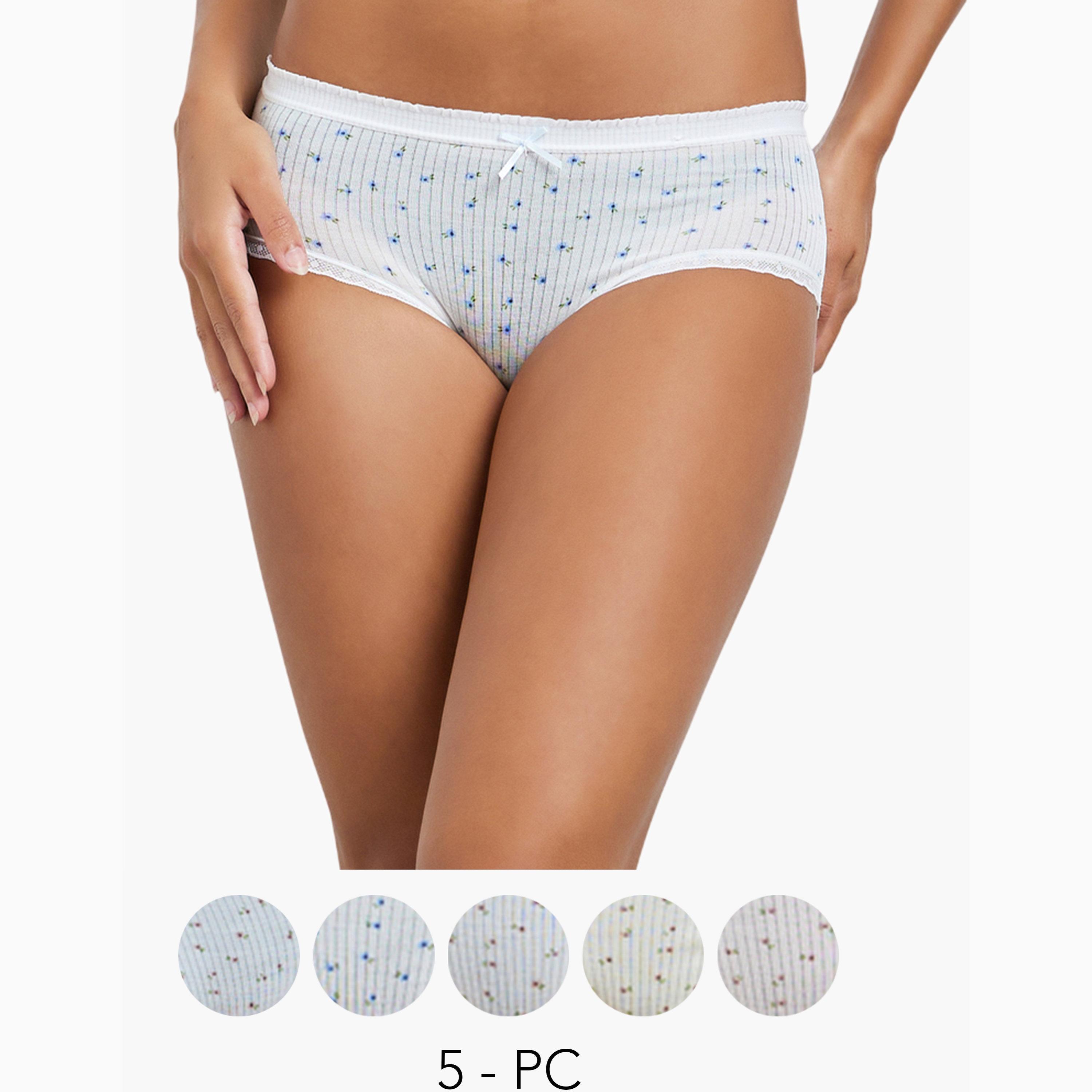 Styli Pack of 5 - Floral Printed Ribbed Hipster Briefs With Bow Detail and Lace Detail-women-clothing-lingerie-panties-image-1