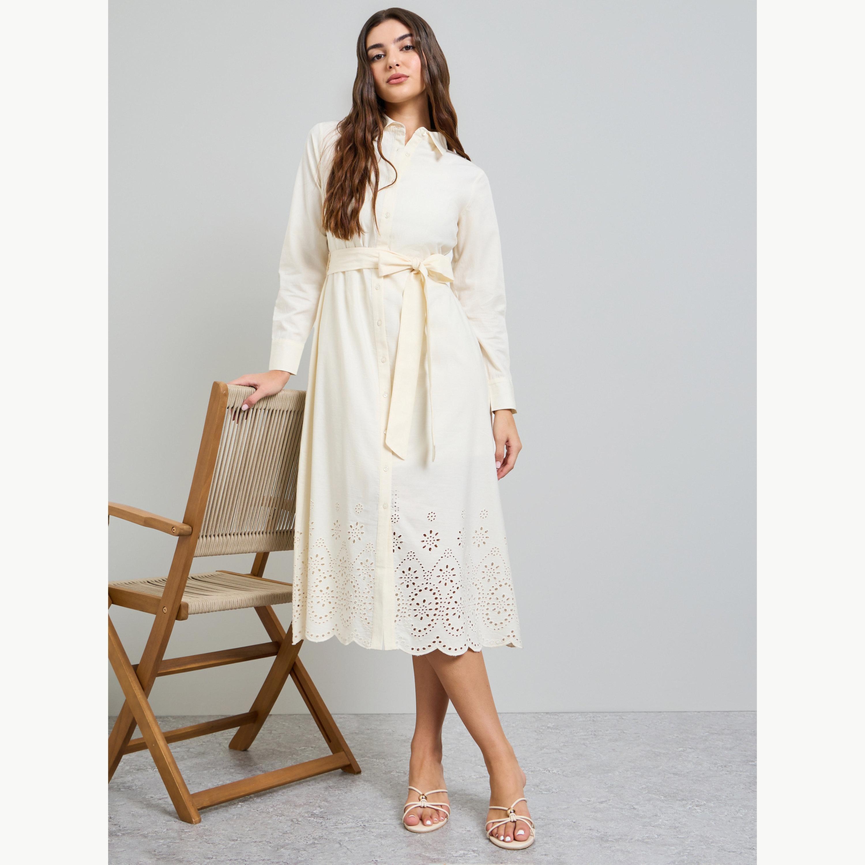 فستان ميدي بتصميم قميص شيفلي مع حزام ربط-women-clothing-dresses-image-1