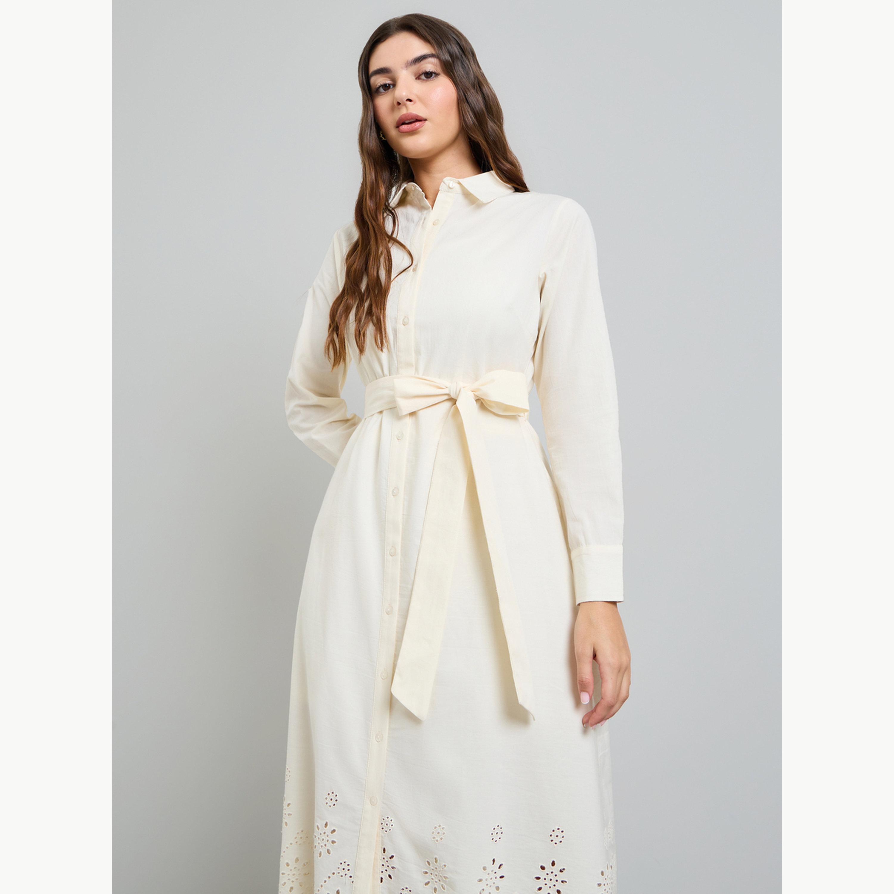 Styli Off White Schiffli Shirt Midi Dress with Tie-Up Belt-women-clothing-dresses-image-2