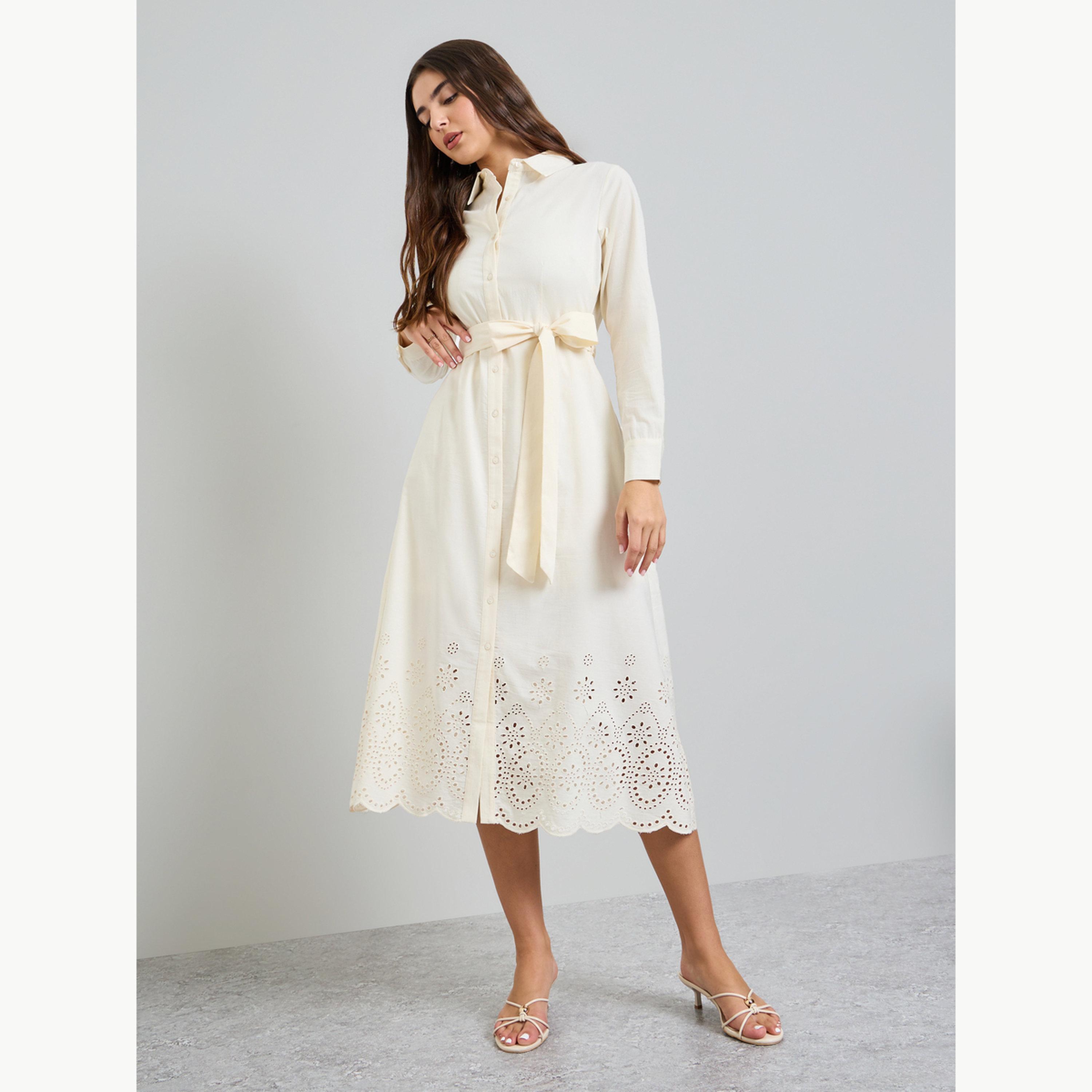 فستان ميدي بتصميم قميص شيفلي مع حزام ربط-women-clothing-dresses-image-3