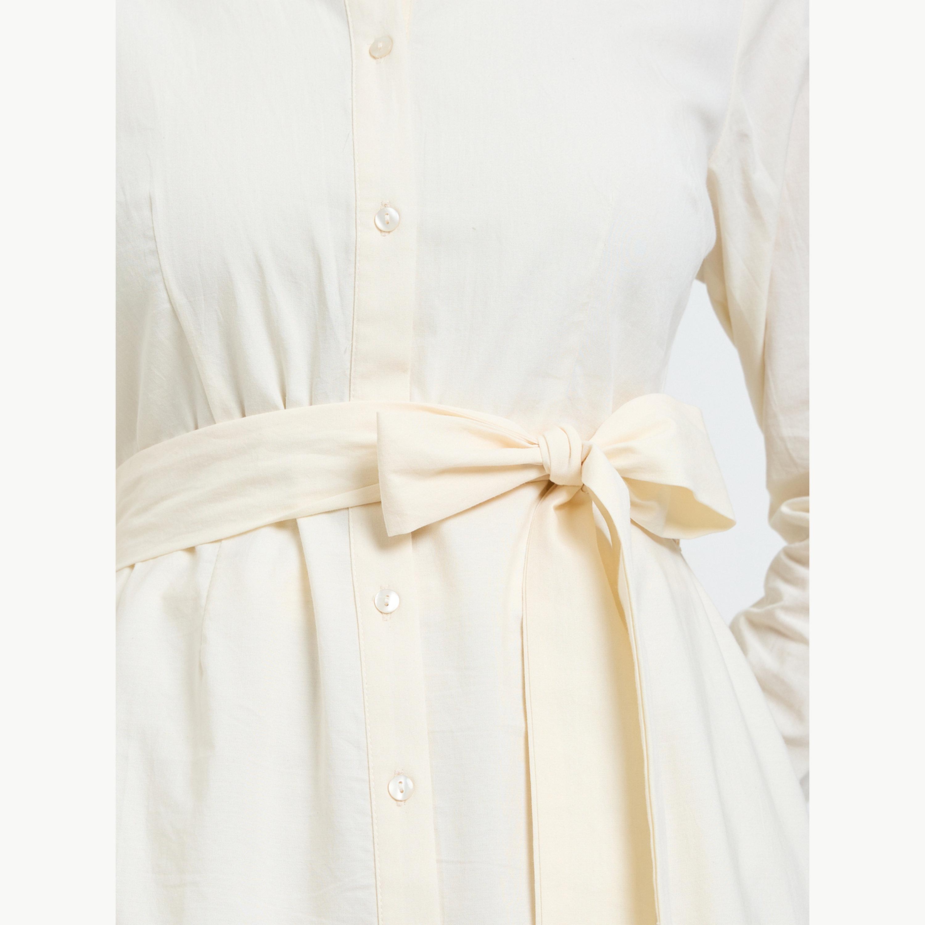 Styli Off White Schiffli Shirt Midi Dress with Tie-Up Belt-women-clothing-dresses-image-6