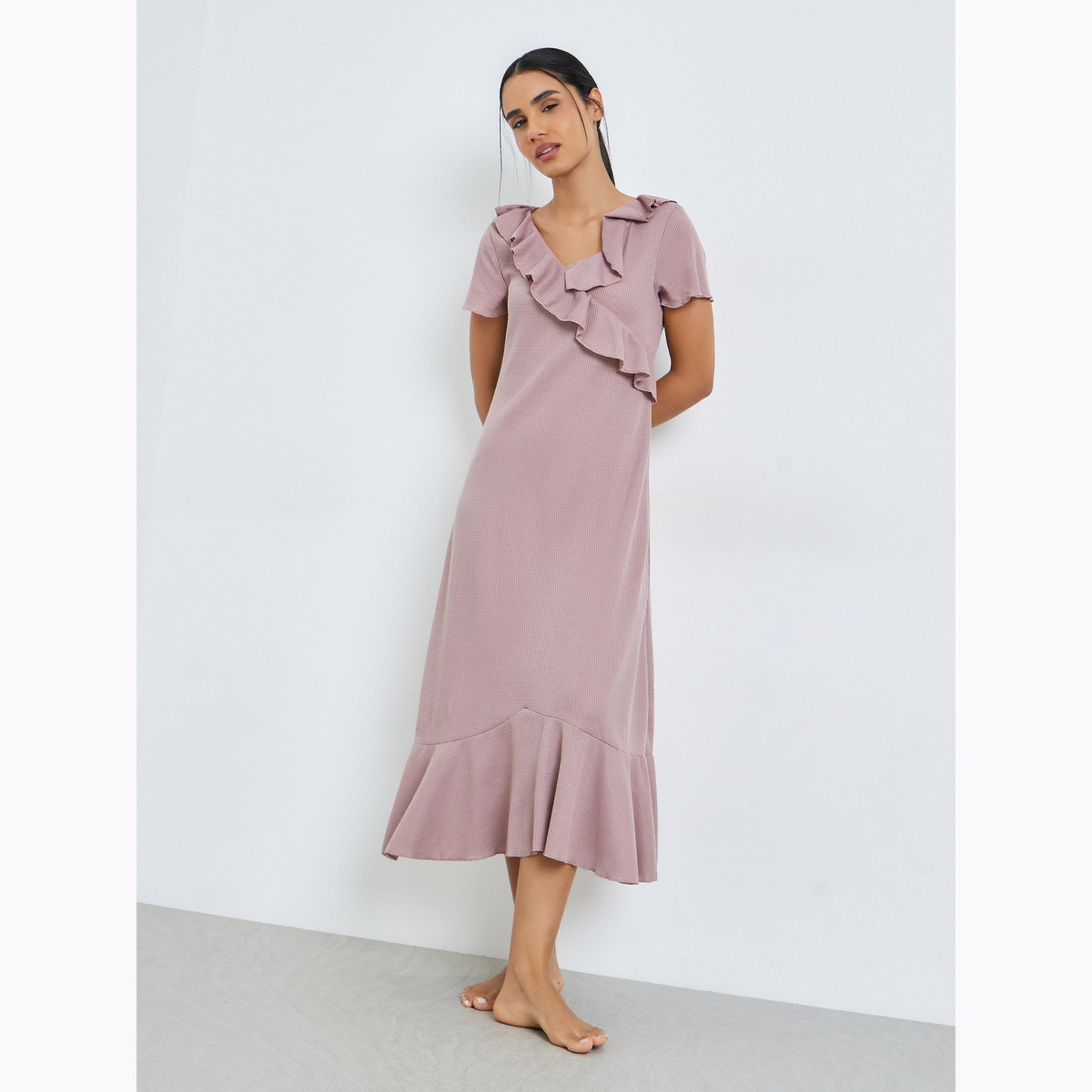 Styli Pink Waffle Texture Ruffle Trim Nightdress-women-clothing-nightwear-nighties-image-1