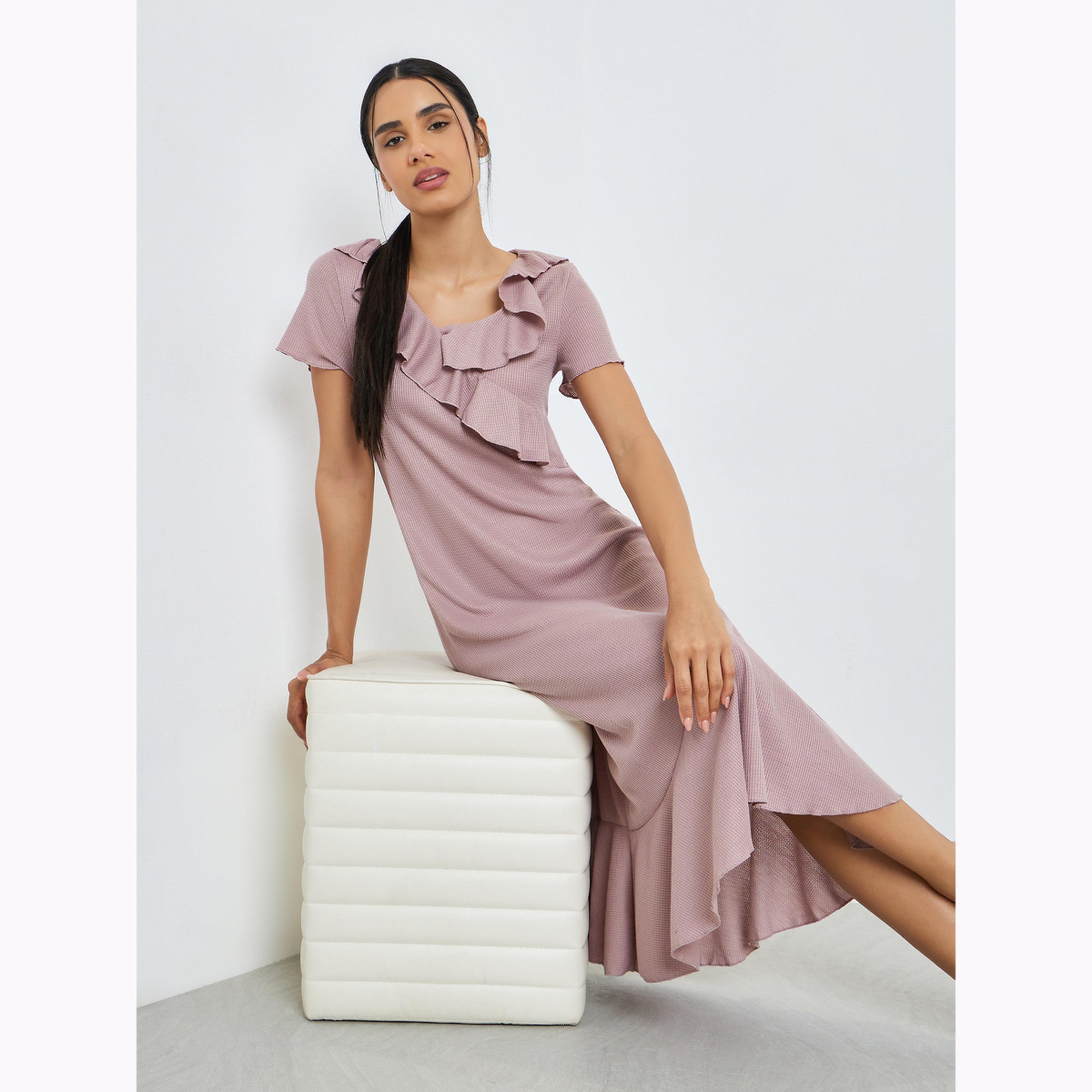 Styli Pink Waffle Texture Ruffle Trim Nightdress-women-clothing-nightwear-nighties-image-2