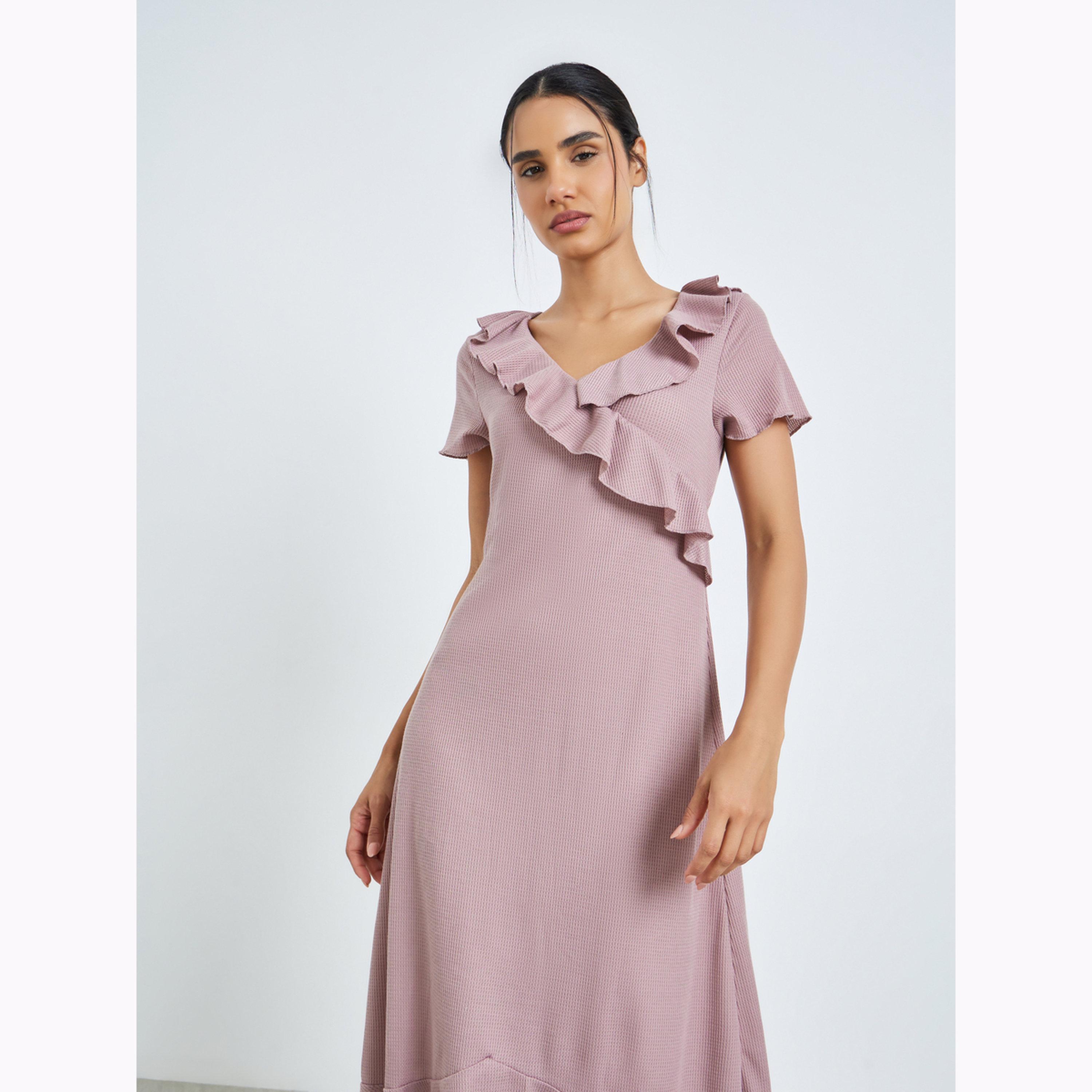 Styli Pink Waffle Texture Ruffle Trim Nightdress-women-clothing-nightwear-nighties-image-3