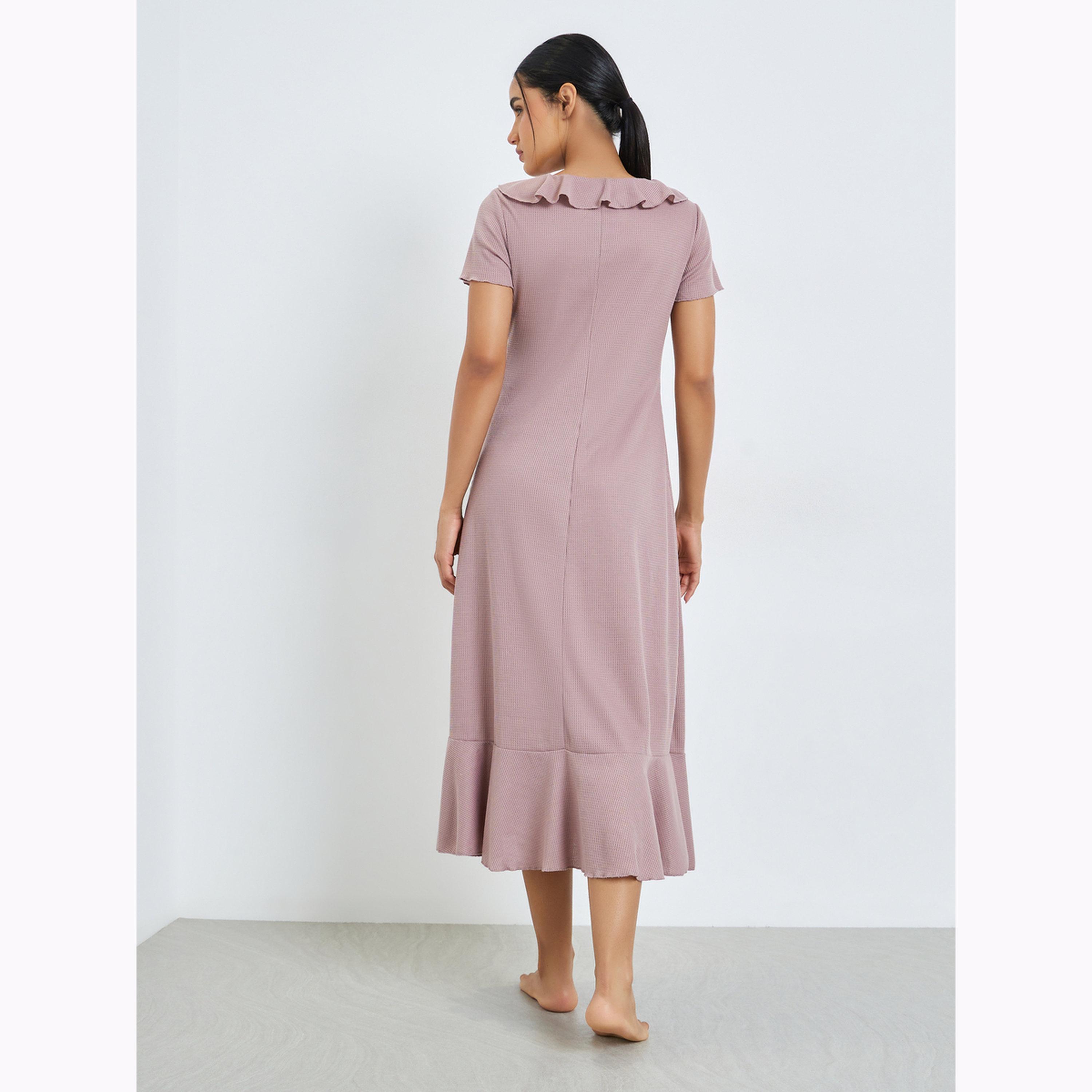 Styli Pink Waffle Texture Ruffle Trim Nightdress-women-clothing-nightwear-nighties-image-4