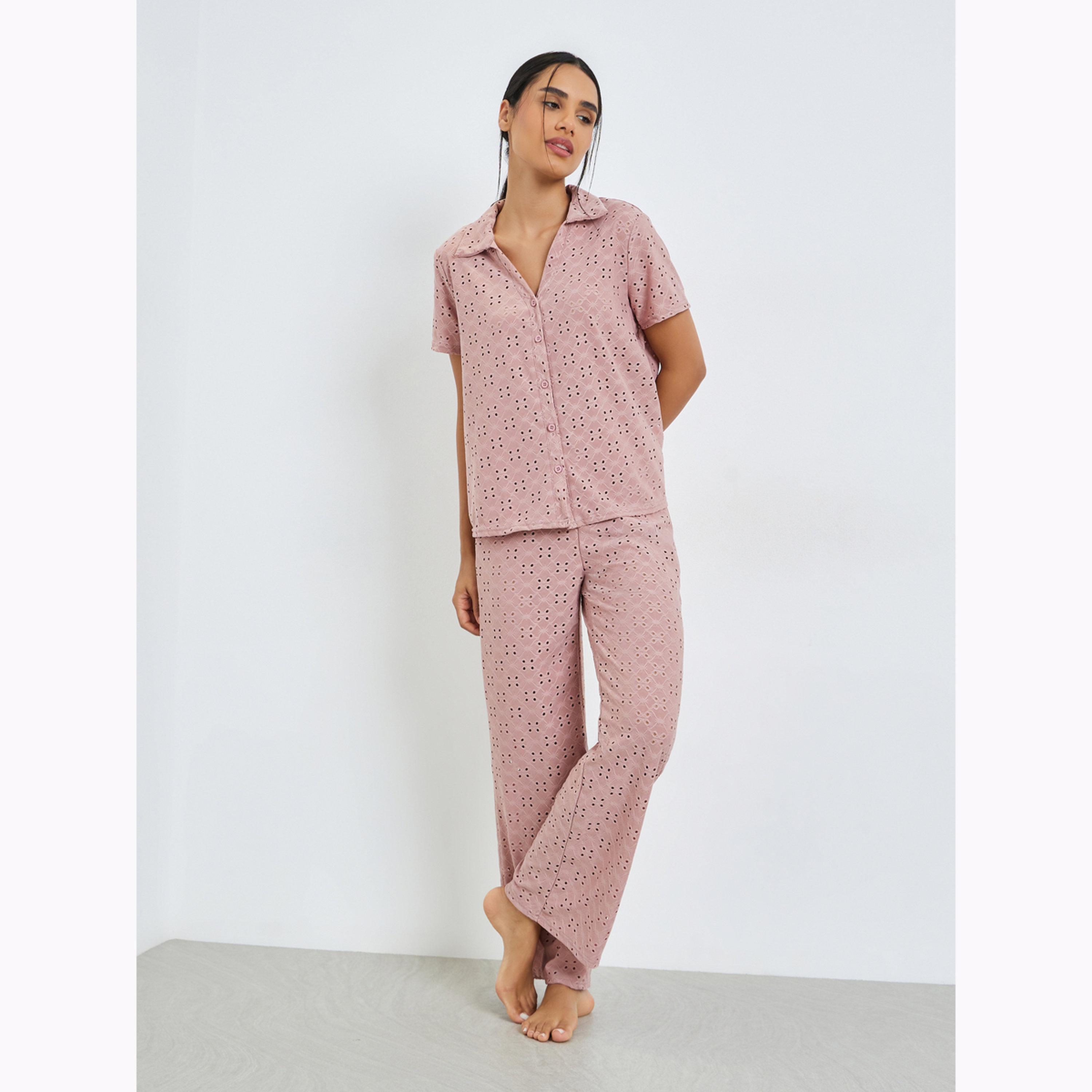 Styli Pink Schiffli Button Through Shirt and Straight Leg Pyjama Set-women-clothing-nightwear-pyjamas-longsets-image-1