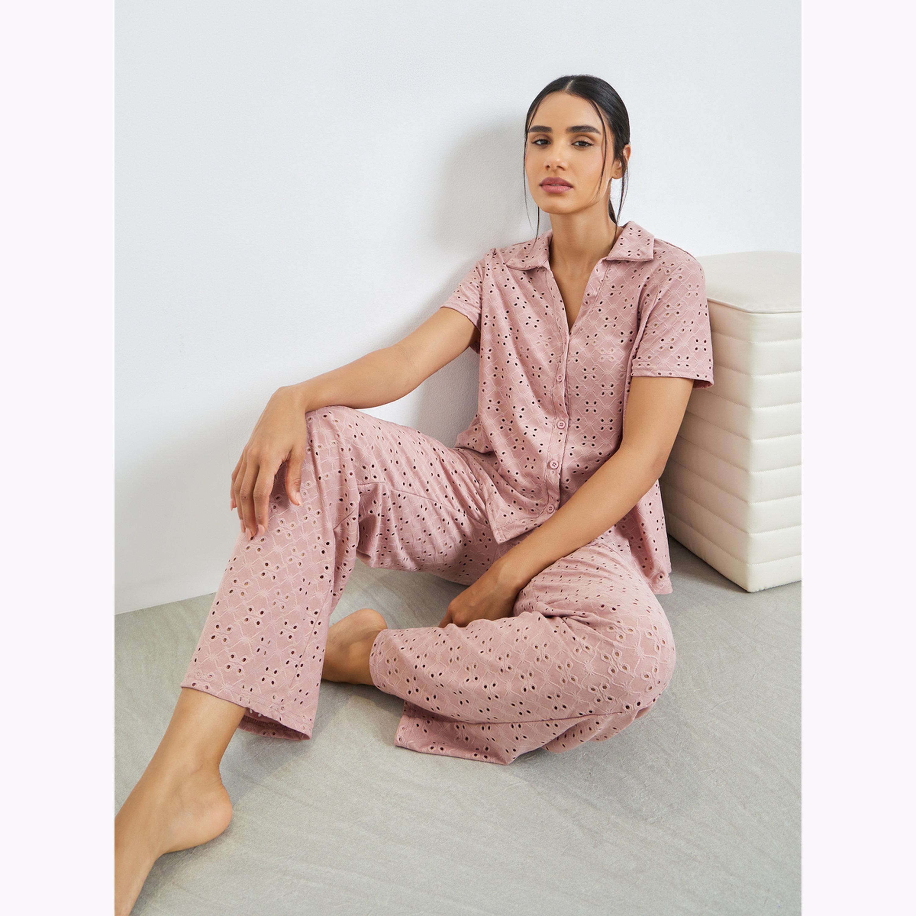 Styli Pink Schiffli Button Through Shirt and Straight Leg Pyjama Set-women-clothing-nightwear-pyjamas-longsets-image-2