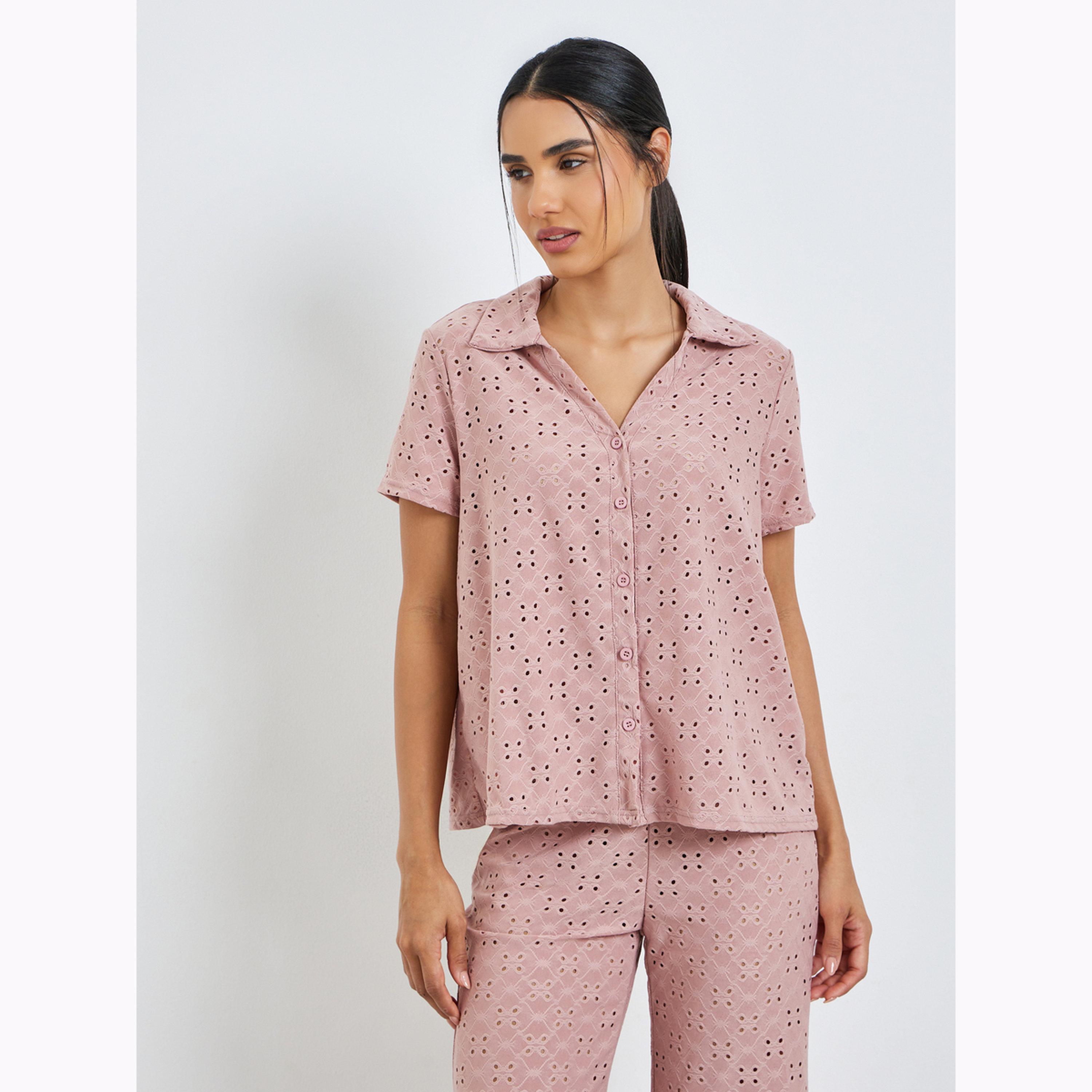 Styli Pink Schiffli Button Through Shirt and Straight Leg Pyjama Set-women-clothing-nightwear-pyjamas-longsets-image-3