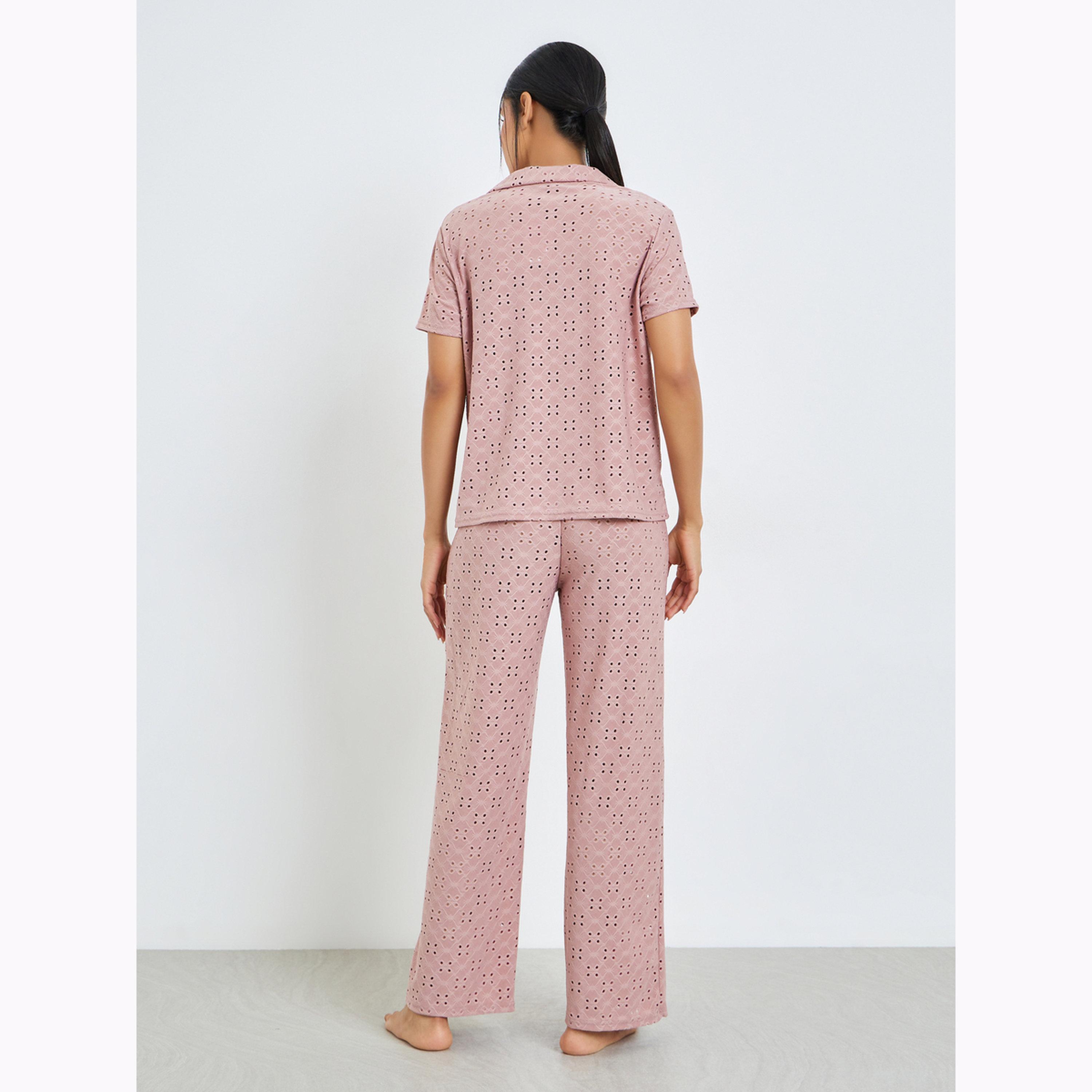 Styli Pink Schiffli Button Through Shirt and Straight Leg Pyjama Set-women-clothing-nightwear-pyjamas-longsets-image-4
