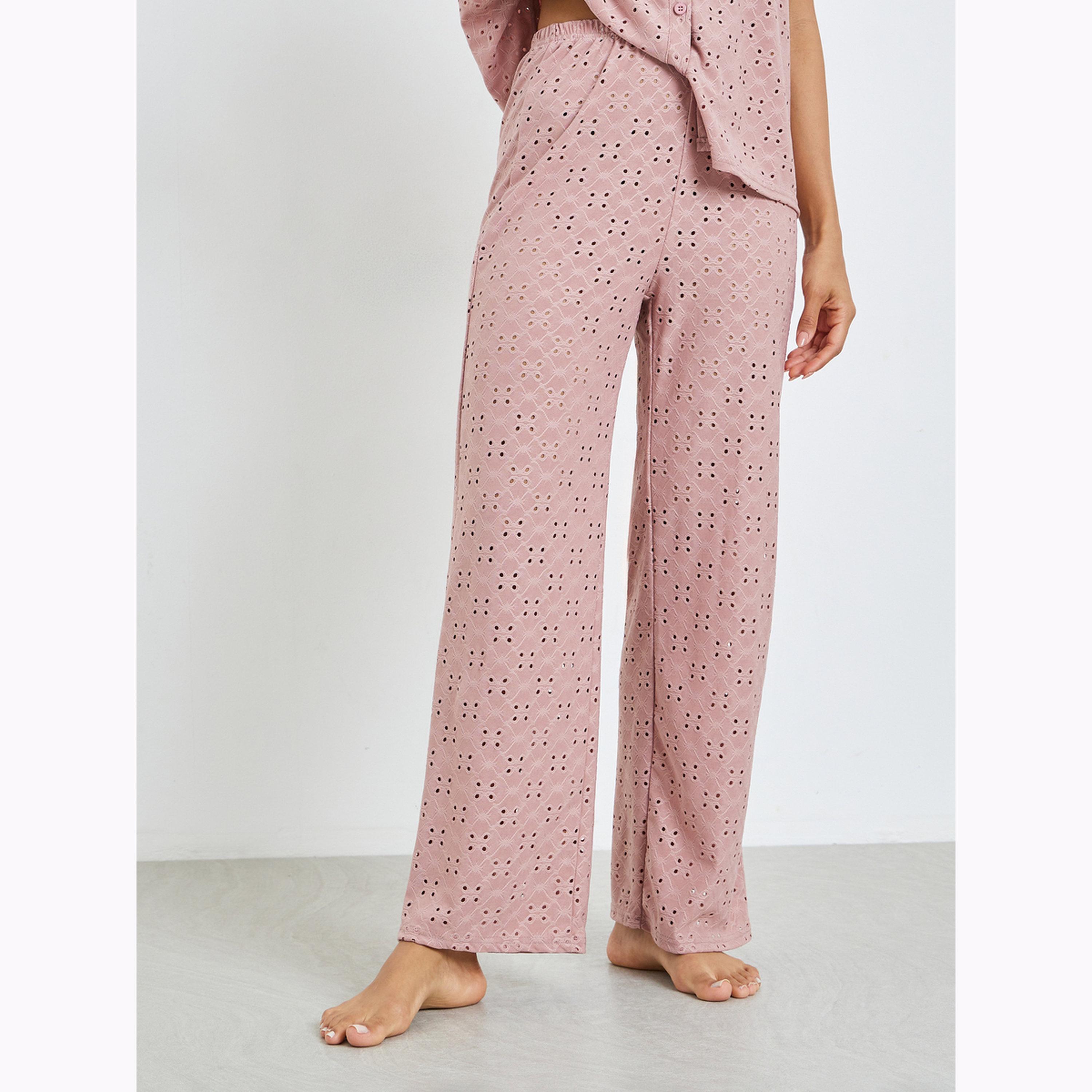 Styli Pink Schiffli Button Through Shirt and Straight Leg Pyjama Set-women-clothing-nightwear-pyjamas-longsets-image-5