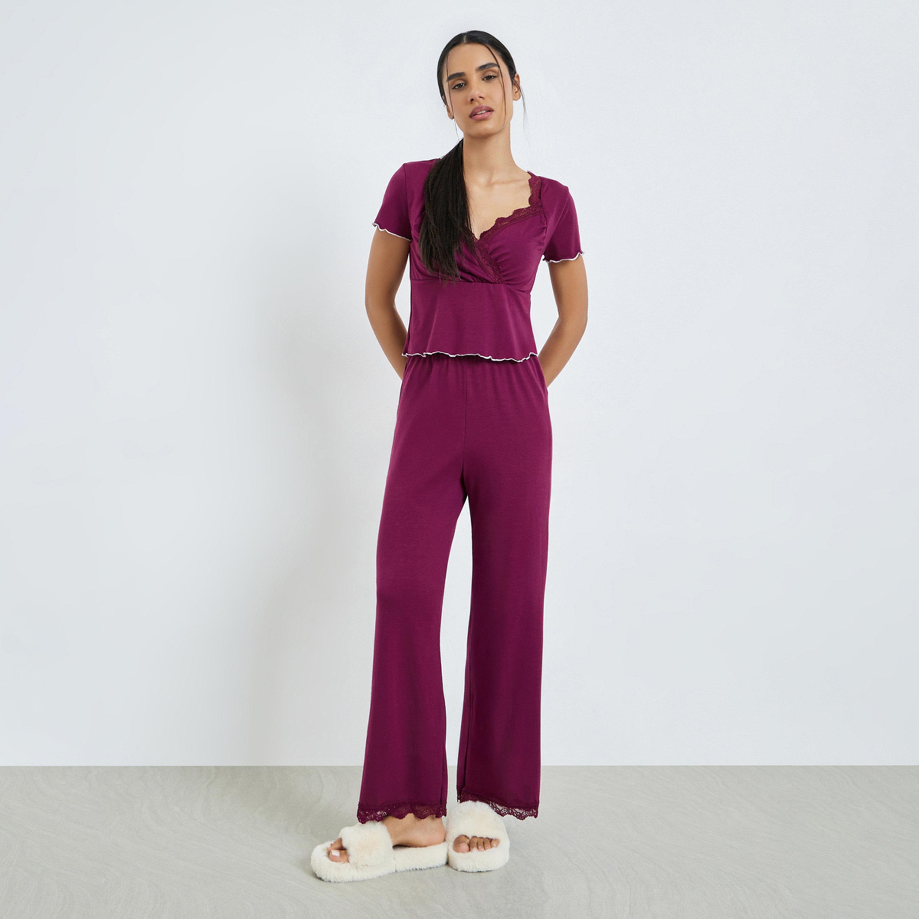 Styli Burgundy Lace Trim Lettuce Hem Wrap Top and Pyjama Set-women-clothing-nightwear-pyjamas-longsets-image-1