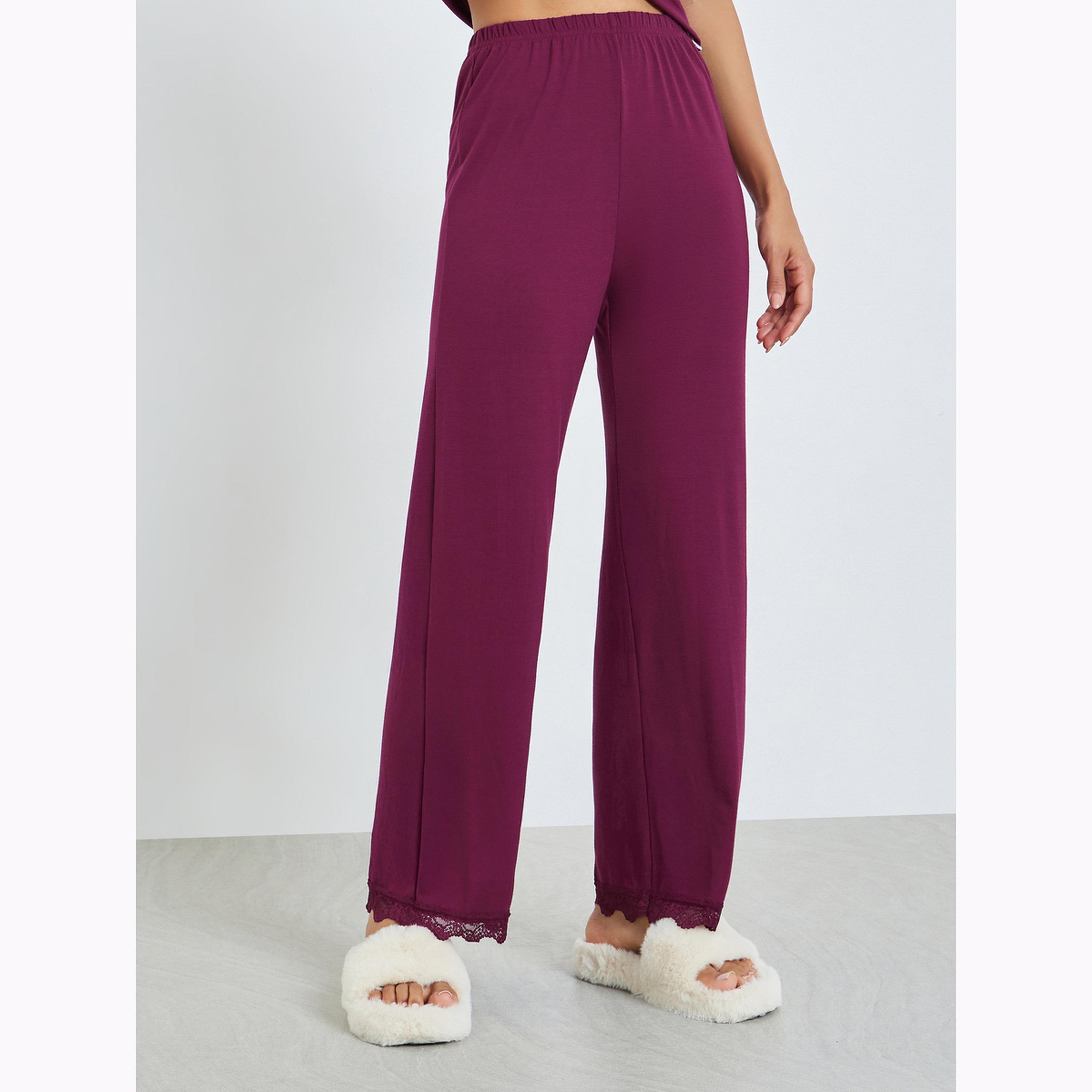 Styli Burgundy Lace Trim Lettuce Hem Wrap Top and Pyjama Set-women-clothing-nightwear-pyjamas-longsets-image-4