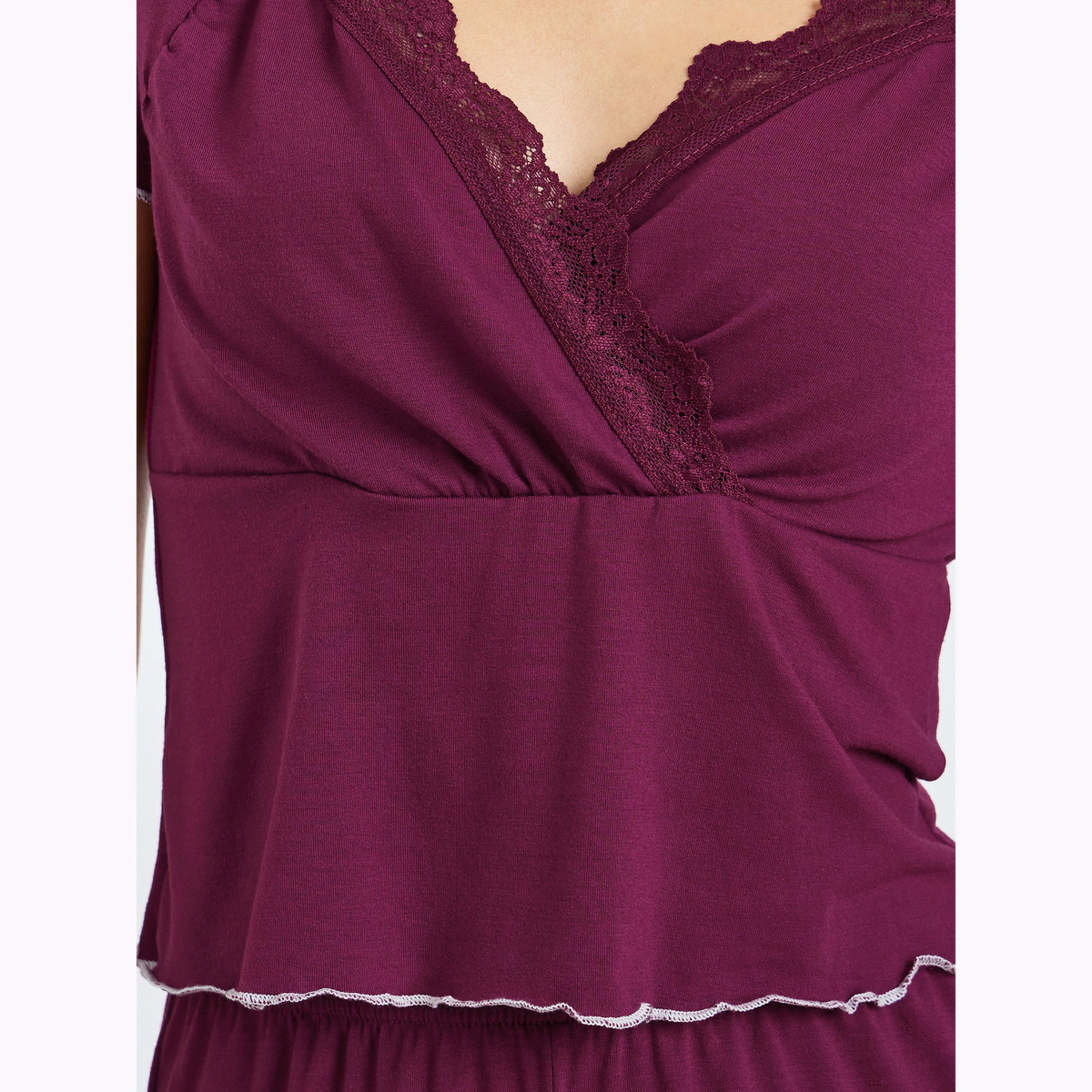 Styli Burgundy Lace Trim Lettuce Hem Wrap Top and Pyjama Set-women-clothing-nightwear-pyjamas-longsets-image-5