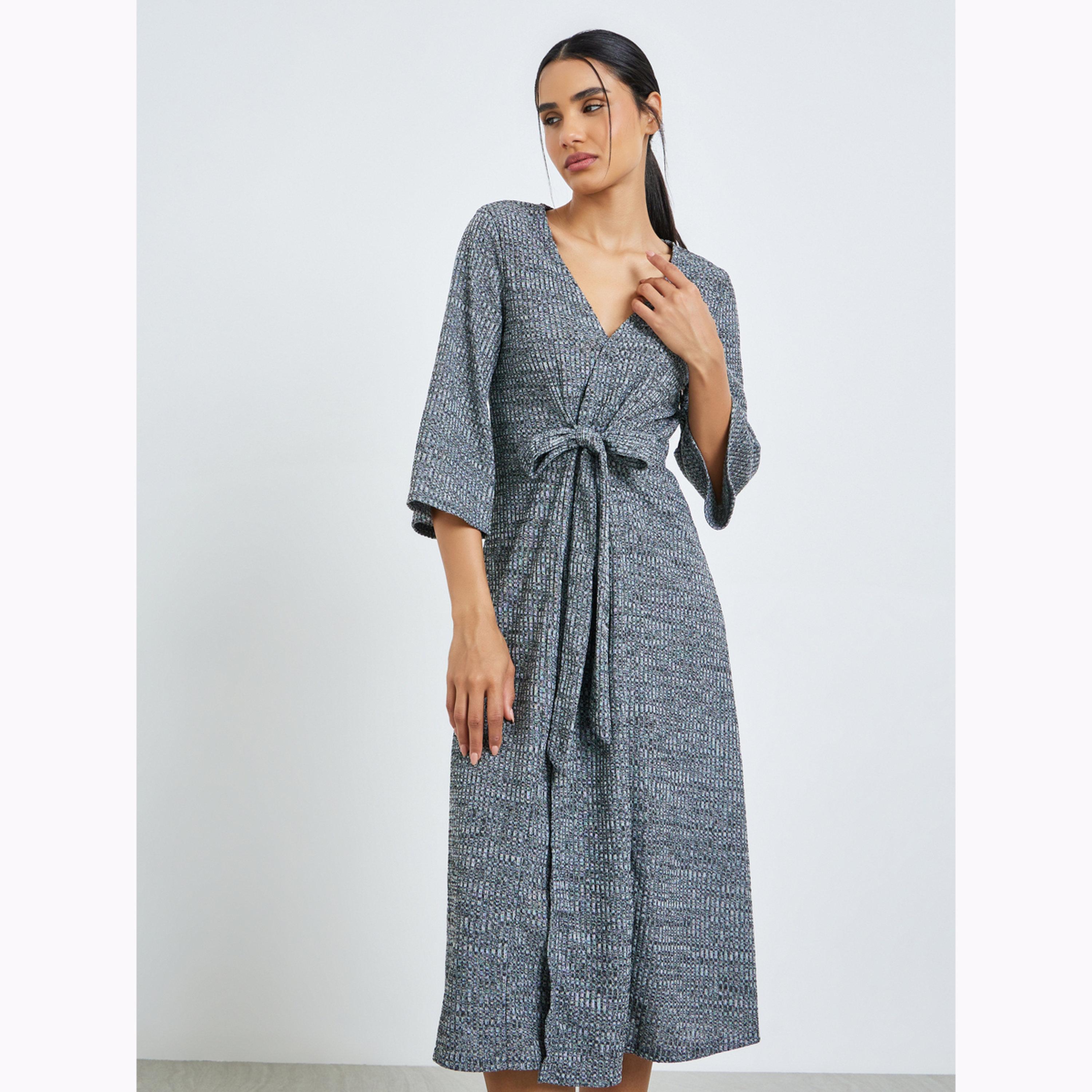 Styli Grey Rib Texture Flare Sleeve Robe-women-clothing-nightwear-robes-image-1