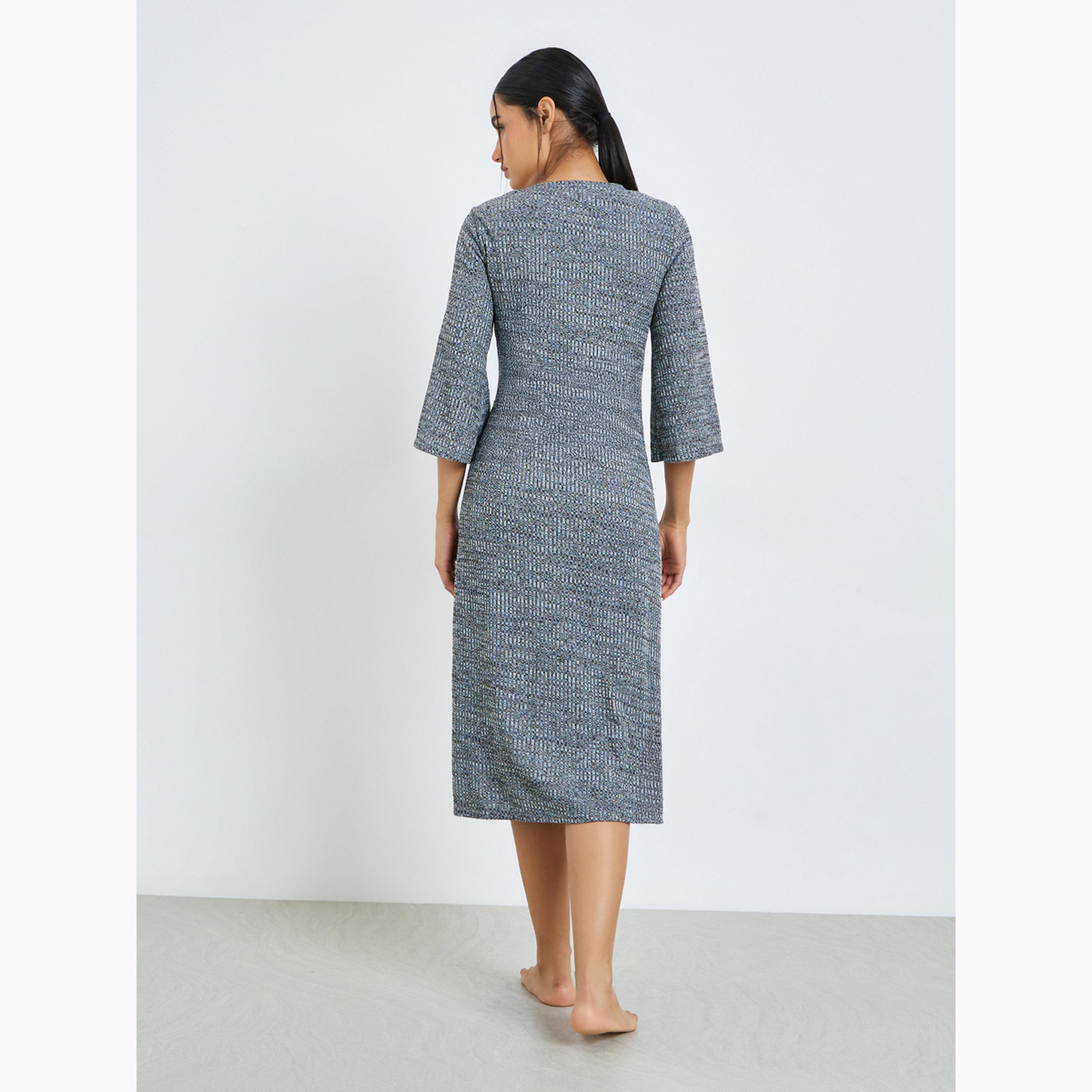 روب بأكمام واسعة وتفاصيل مضلعة بلون رمادي-women-clothing-nightwear-robes-image-3