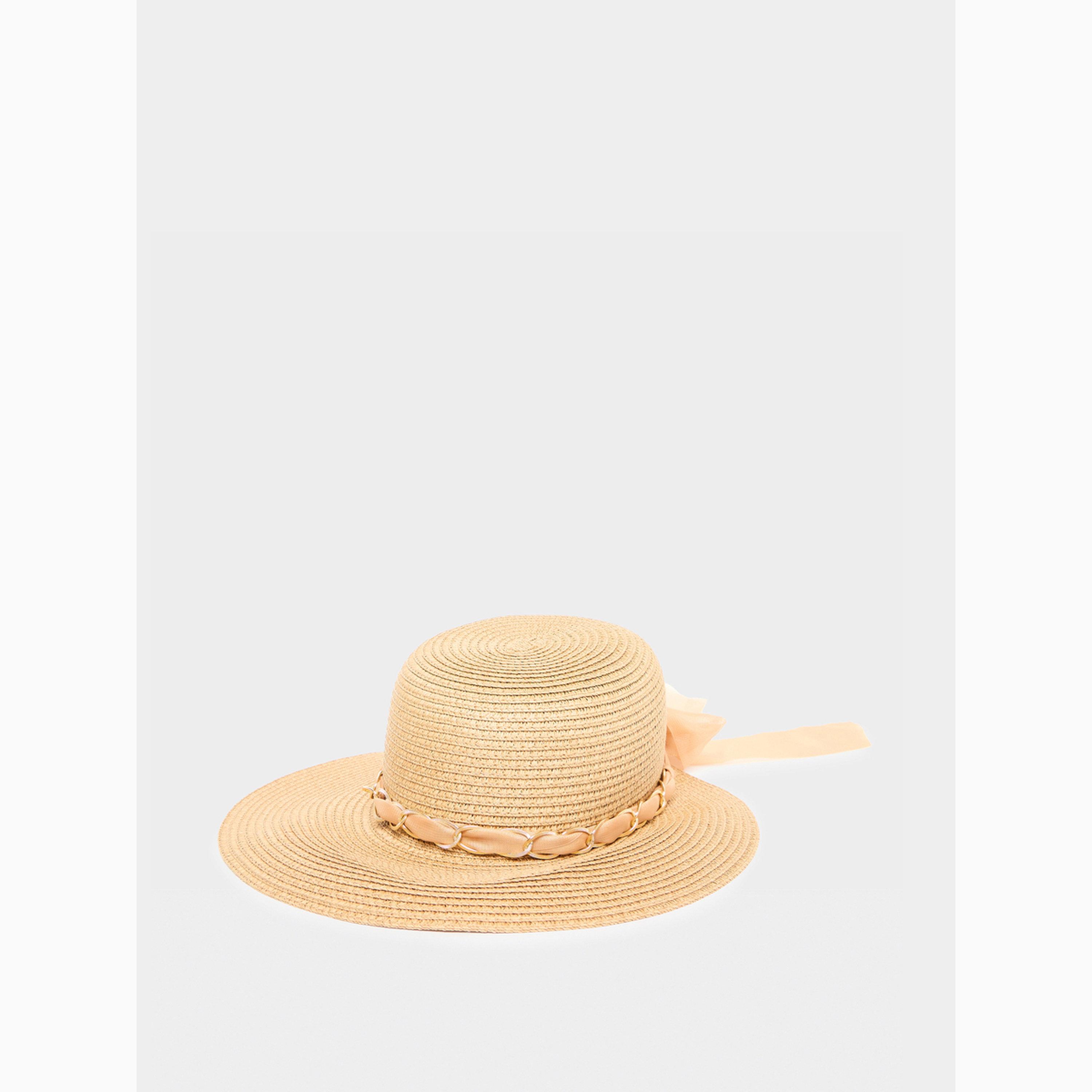 قبعة قش خاكي للحماية من الشمس بتفاصيل شريط-women-clothingaccessories-capsandhats-image-1