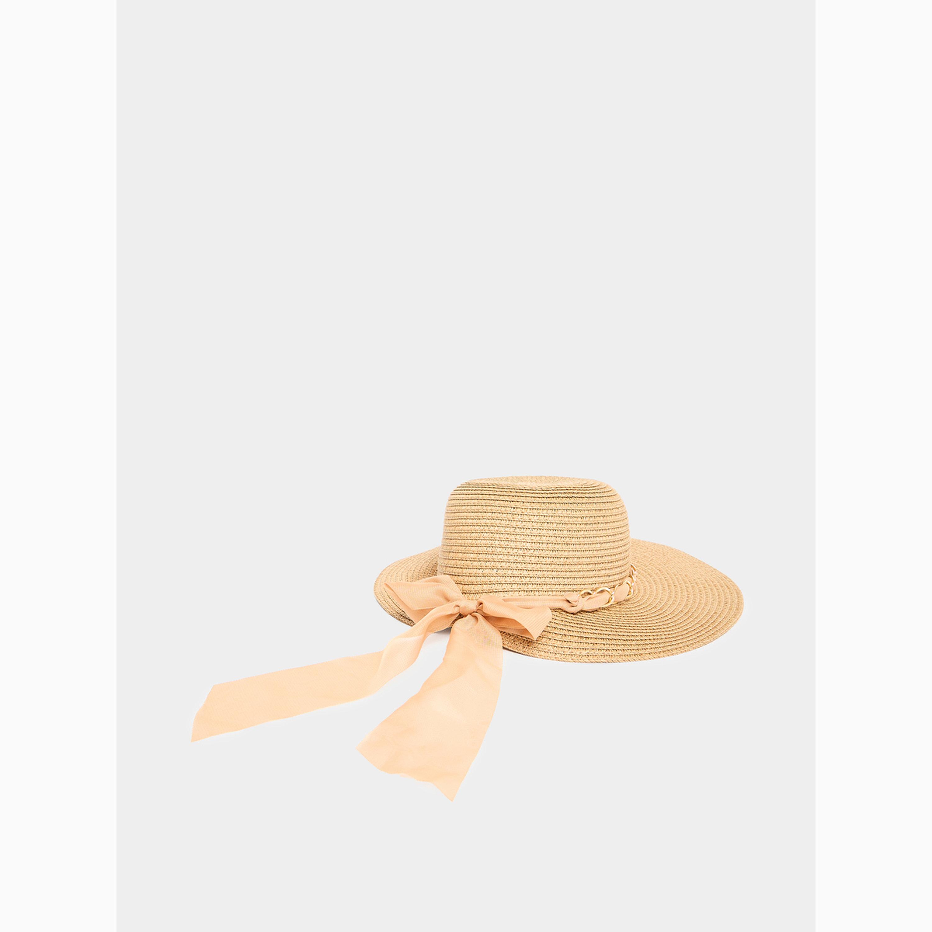قبعة قش خاكي للحماية من الشمس بتفاصيل شريط-women-clothingaccessories-capsandhats-image-2