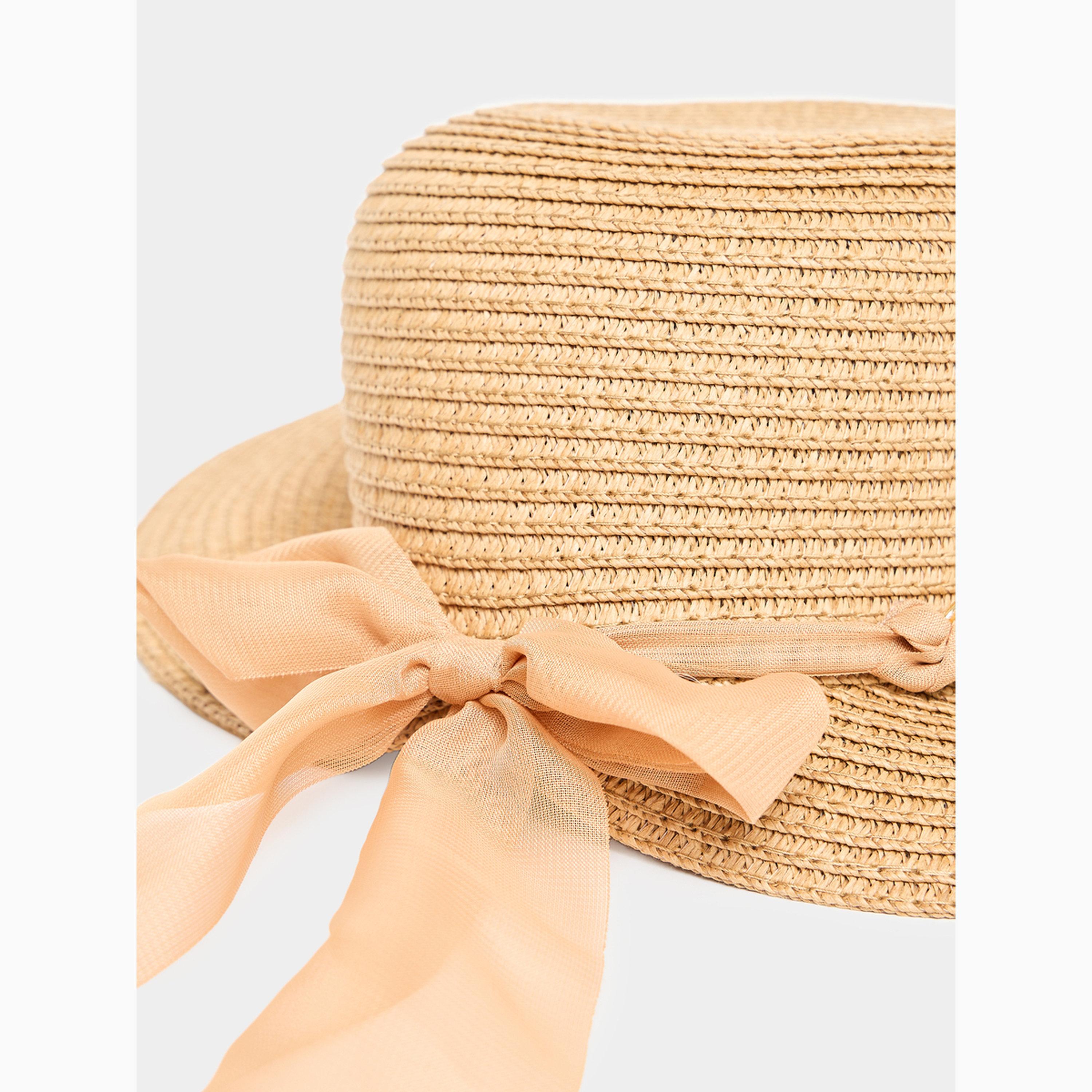 قبعة قش خاكي للحماية من الشمس بتفاصيل شريط-women-clothingaccessories-capsandhats-image-1